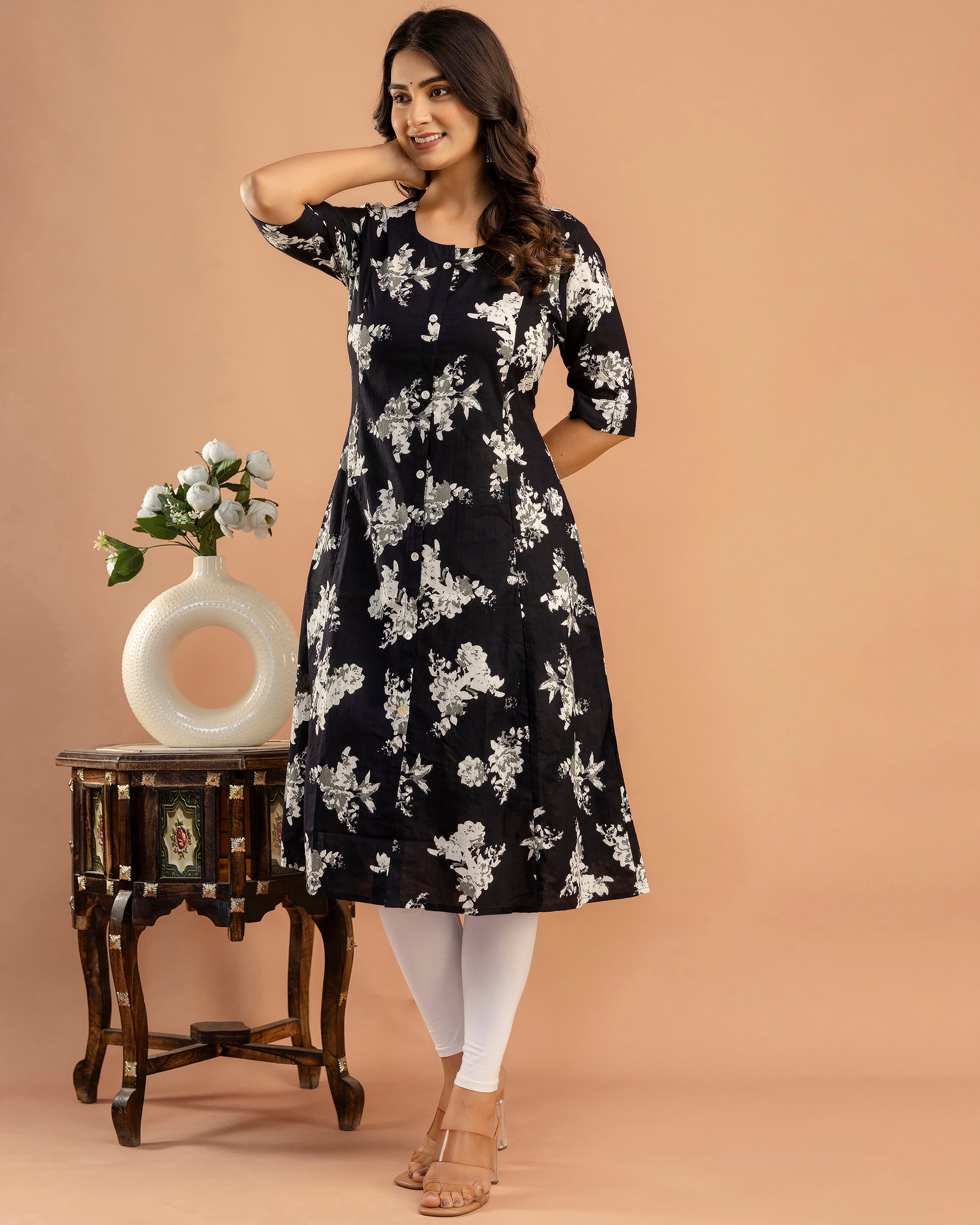 The 'Ziva' Black Floral A-Line Kurta
