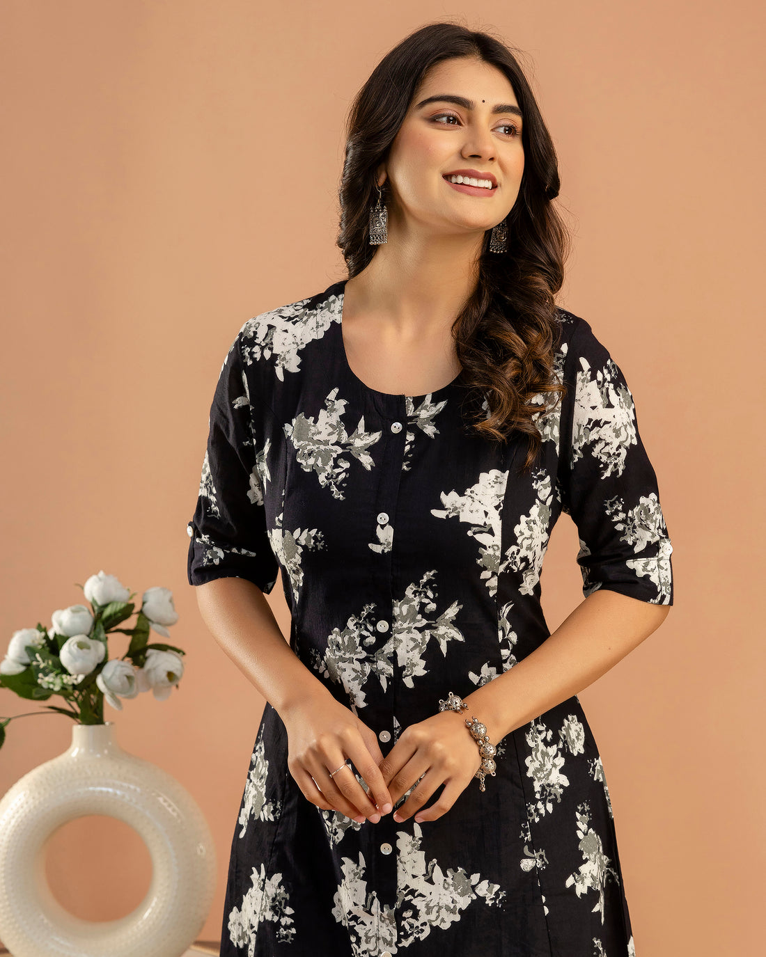 The 'Ziva' Black Floral A-Line Kurta