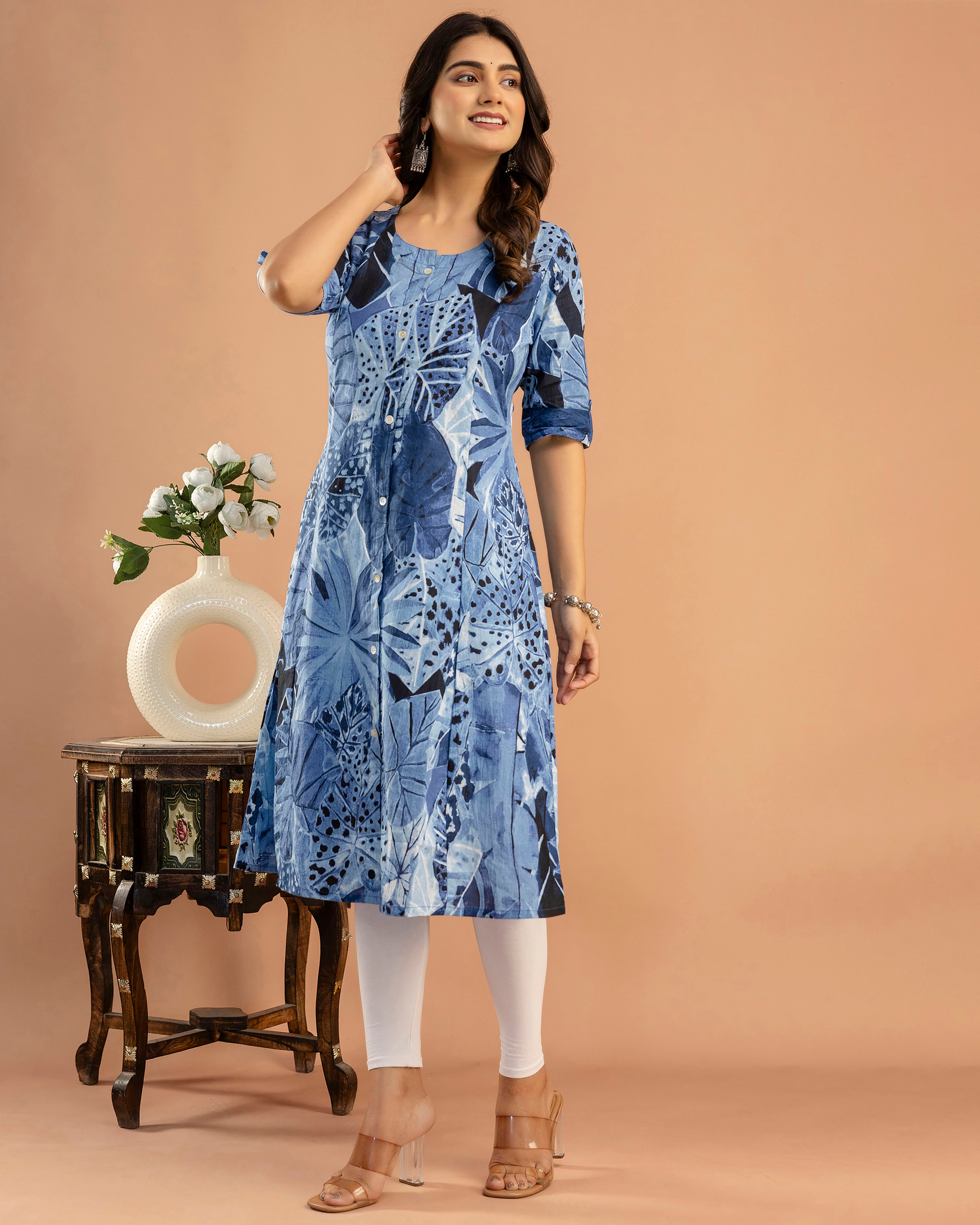 The 'Aria' Blue Leaf A-Line Kurta