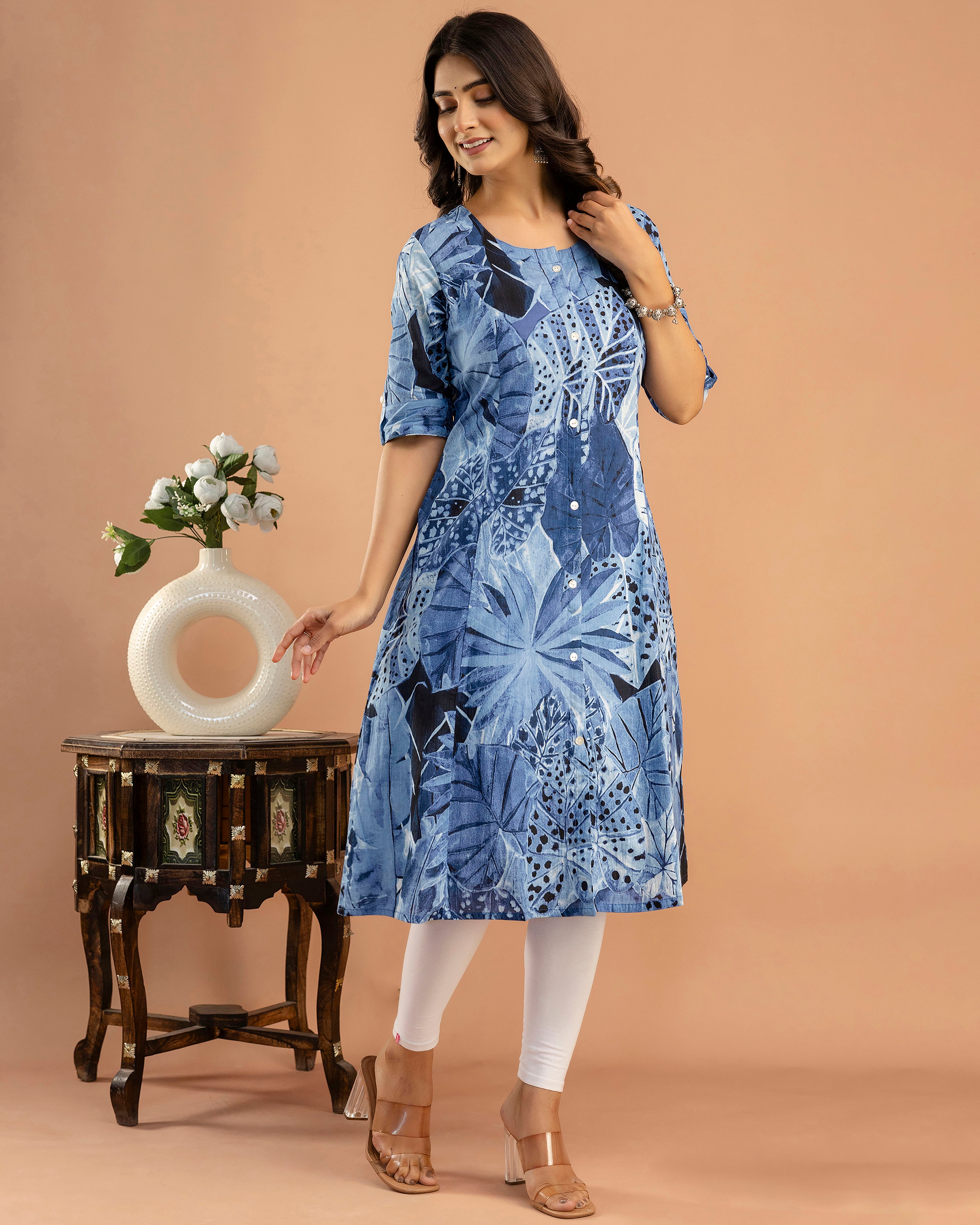 The 'Aria' Blue Leaf A-Line Kurta