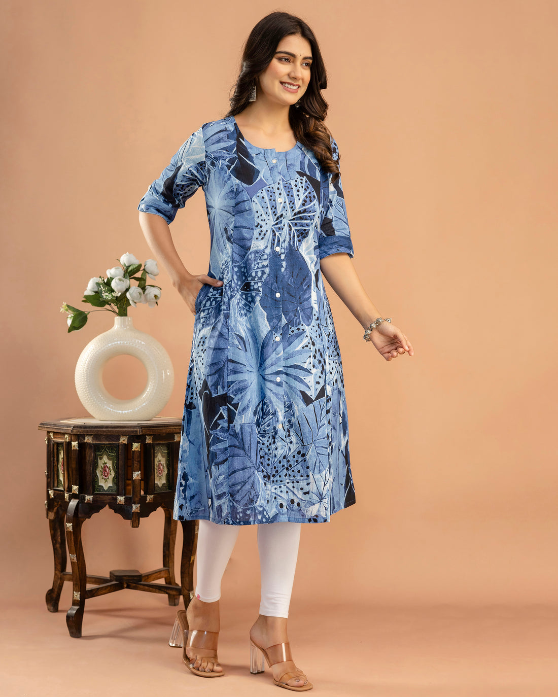 The 'Aria' Blue Leaf A-Line Kurta
