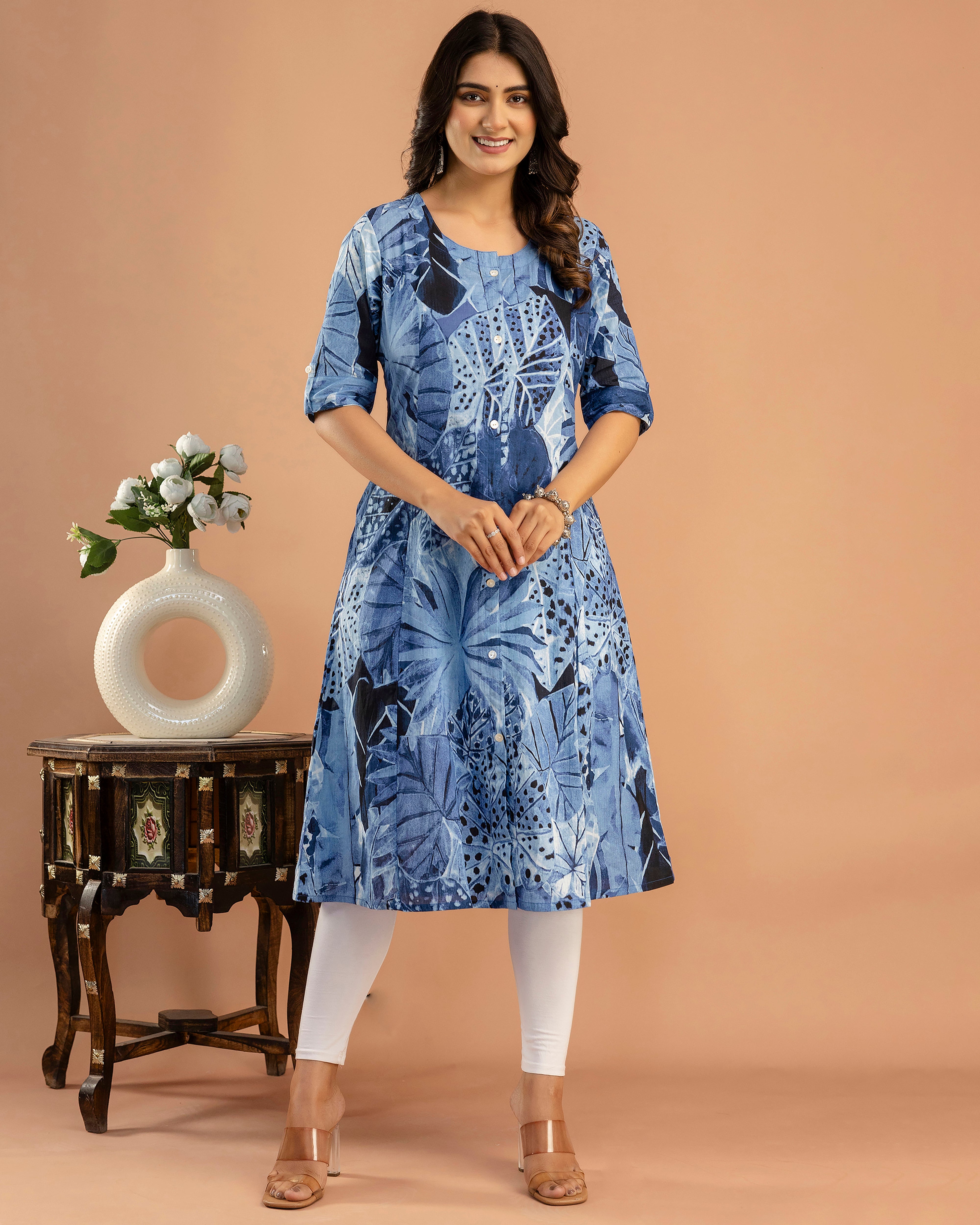 The 'Aria' Blue Leaf A-Line Kurta