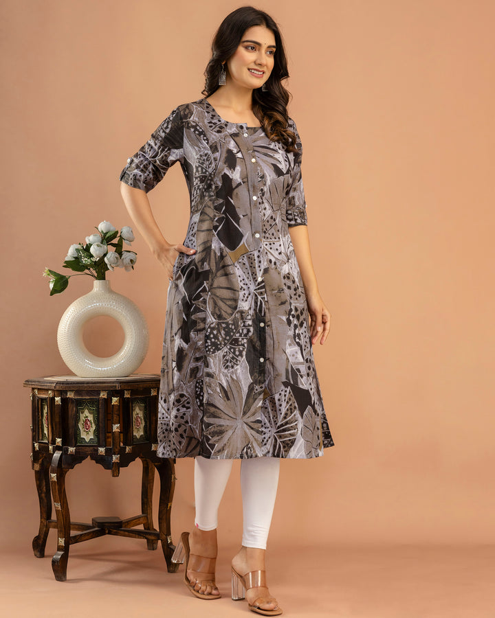 The 'Sia' Rust & Slate Floral A-Line Kurta