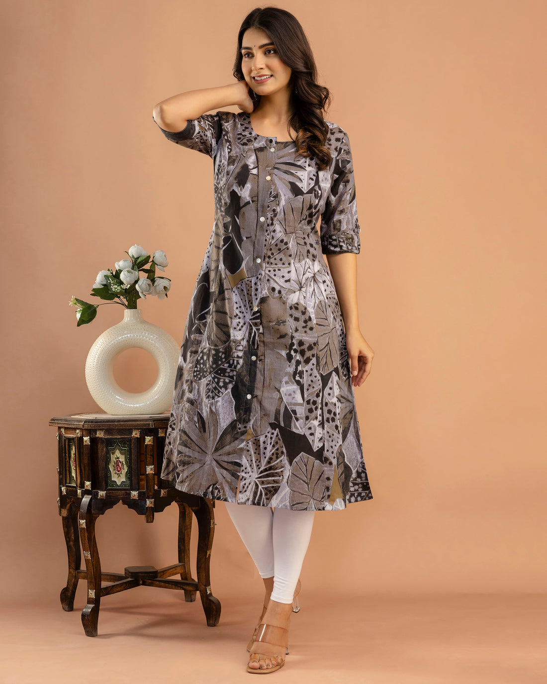 The 'Sia' Rust & Slate Floral A-Line Kurta