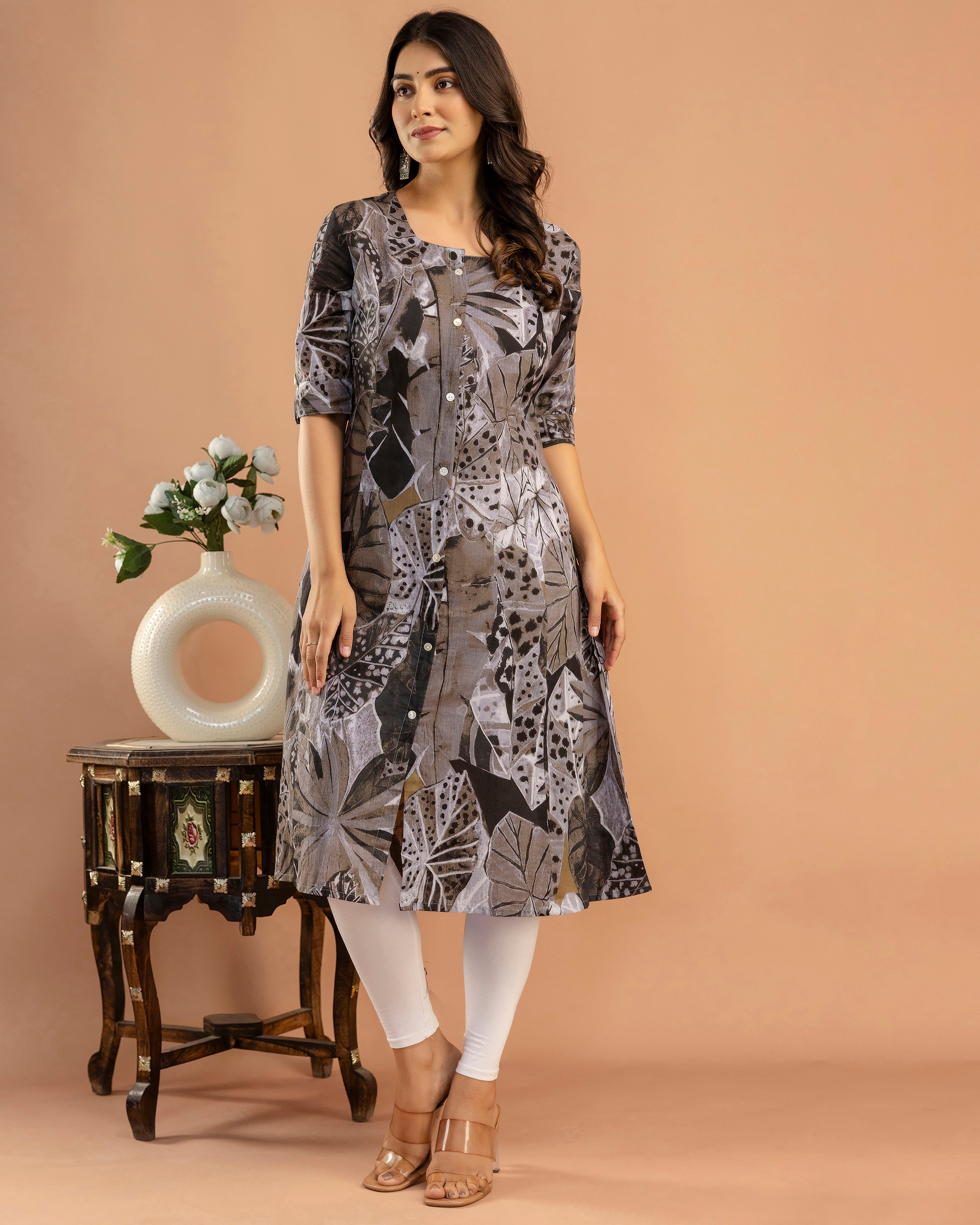 The 'Sia' Rust & Slate Floral A-Line Kurta