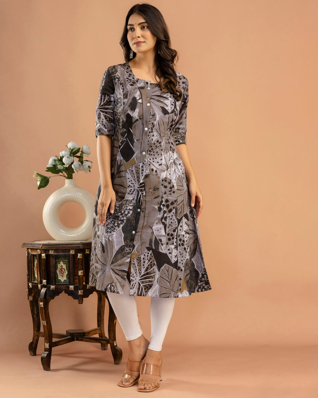 The 'Sia' Rust & Slate Floral A-Line Kurta
