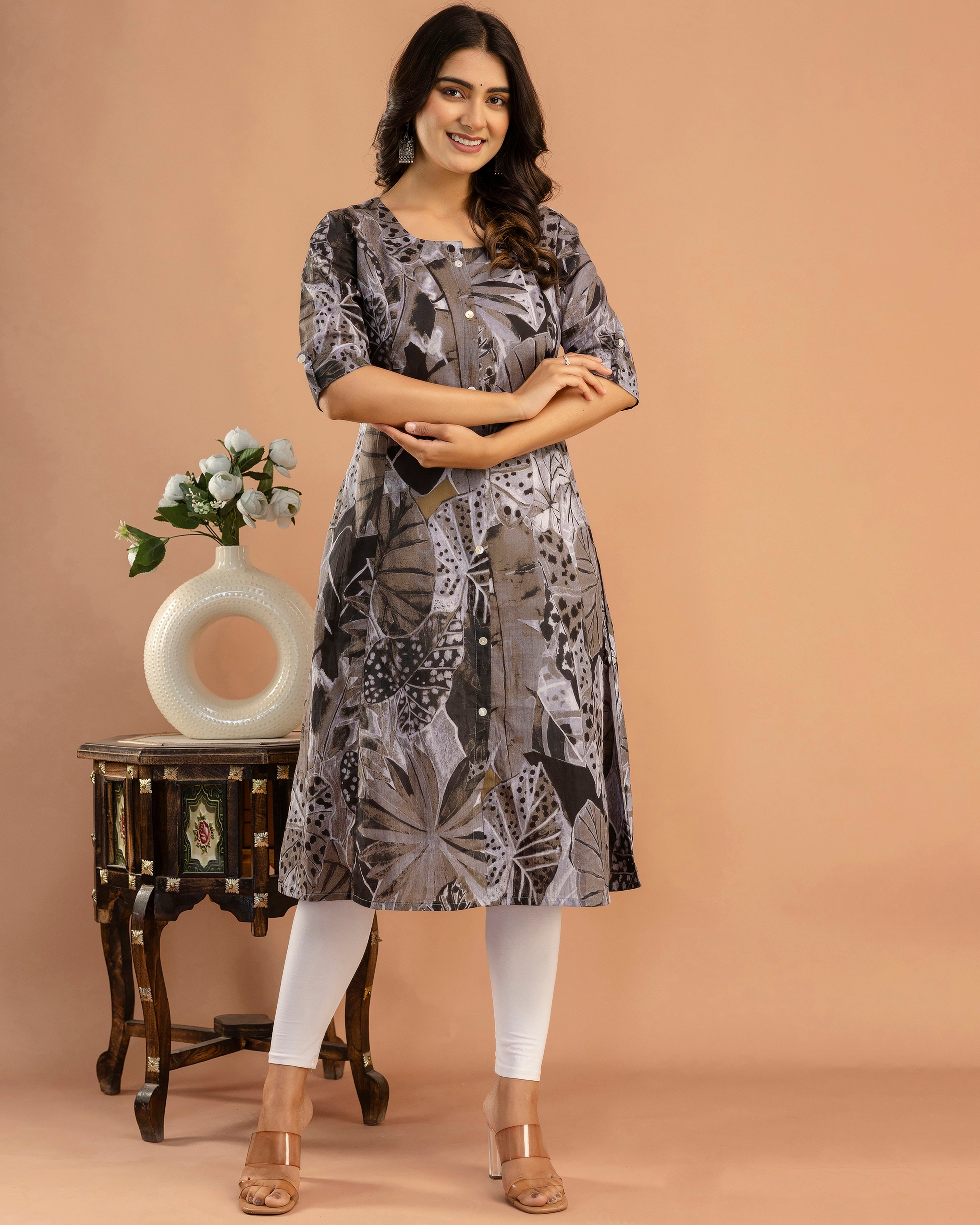 The 'Sia' Rust & Slate Floral A-Line Kurta