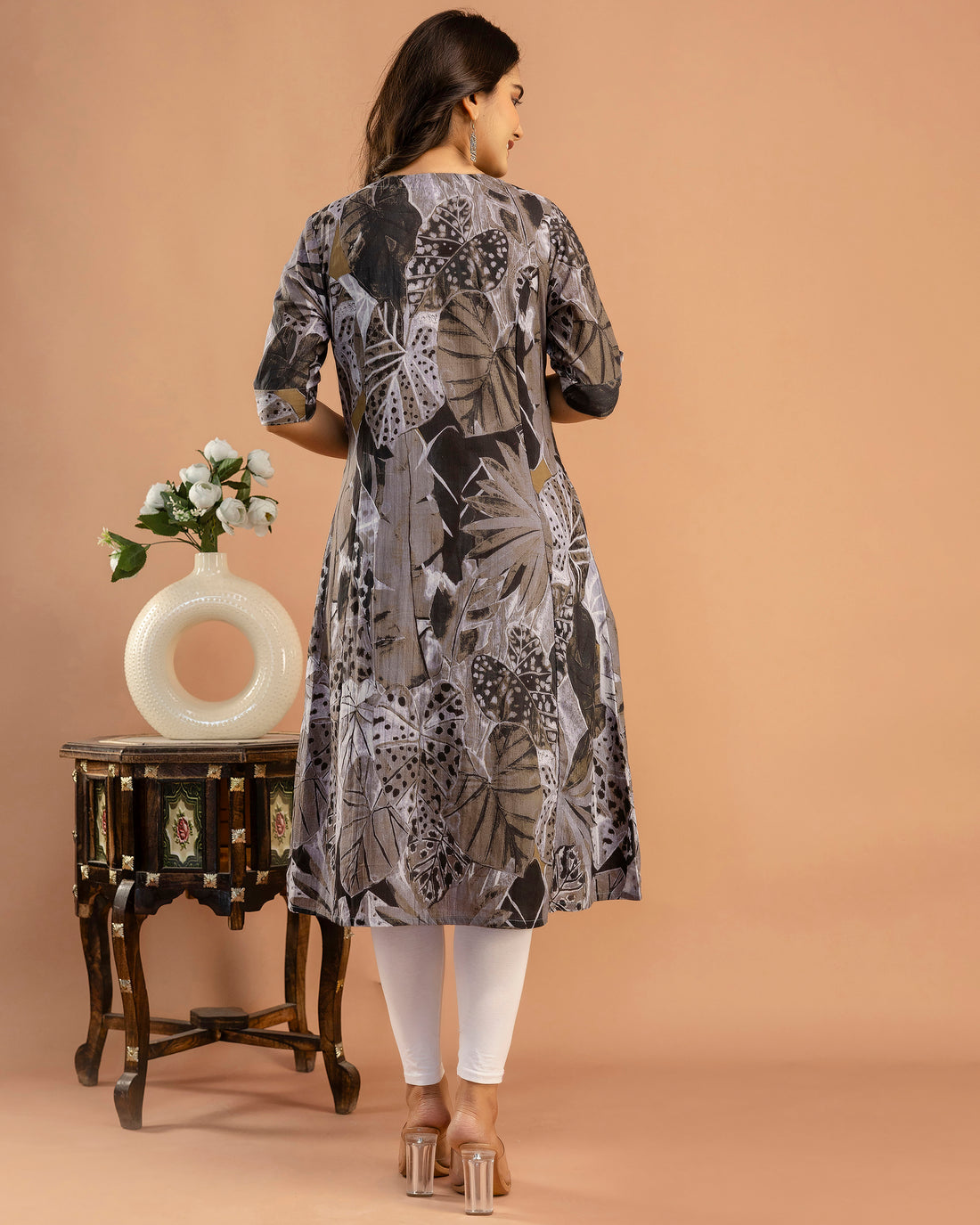 The 'Sia' Rust & Slate Floral A-Line Kurta