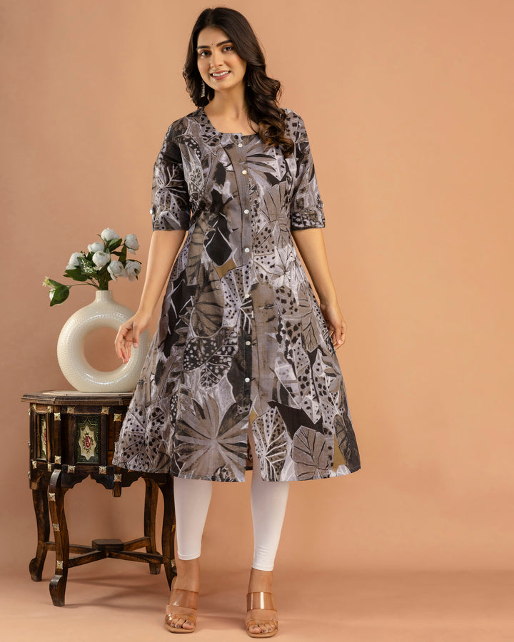 The 'Sia' Rust & Slate Floral A-Line Kurta