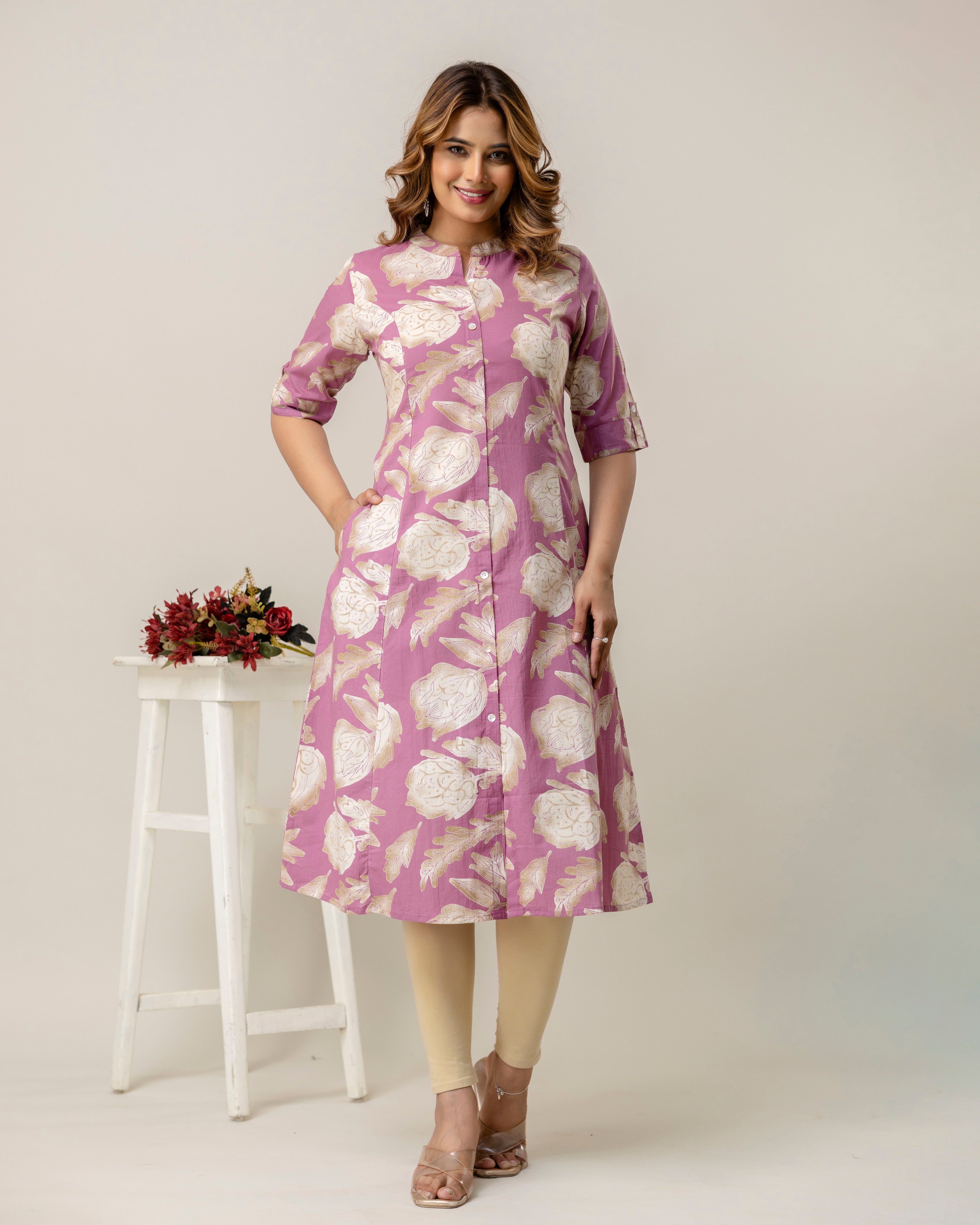 The 'Amara' Dusty Rose Floral A-Line Kurta