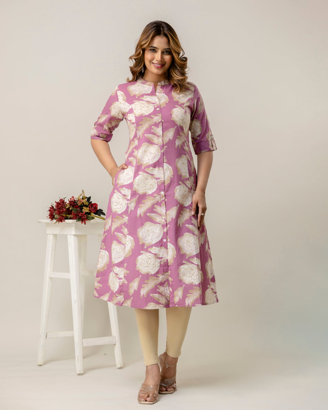 The 'Amara' Dusty Rose Floral A-Line Kurta