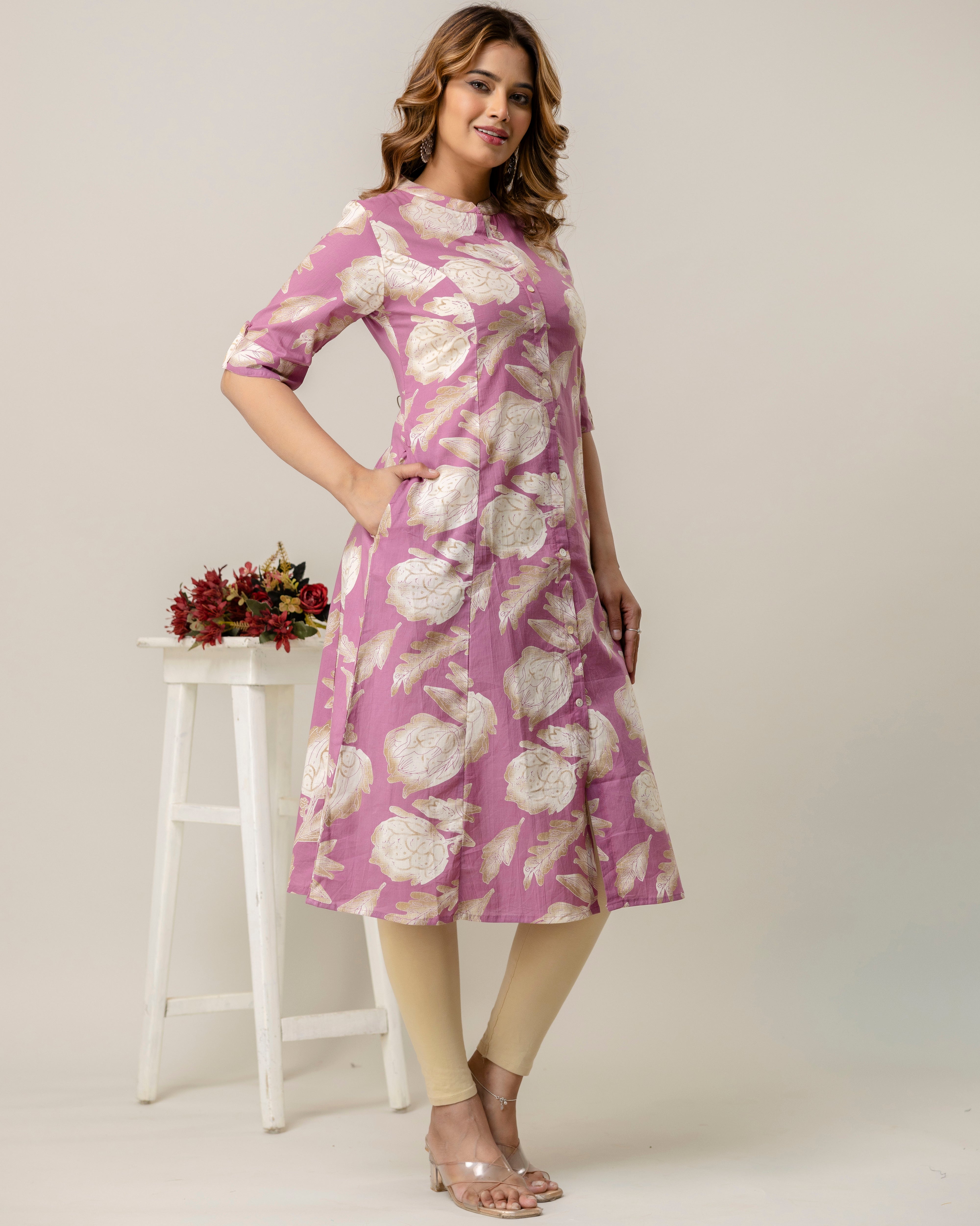 The 'Amara' Dusty Rose Floral A-Line Kurta