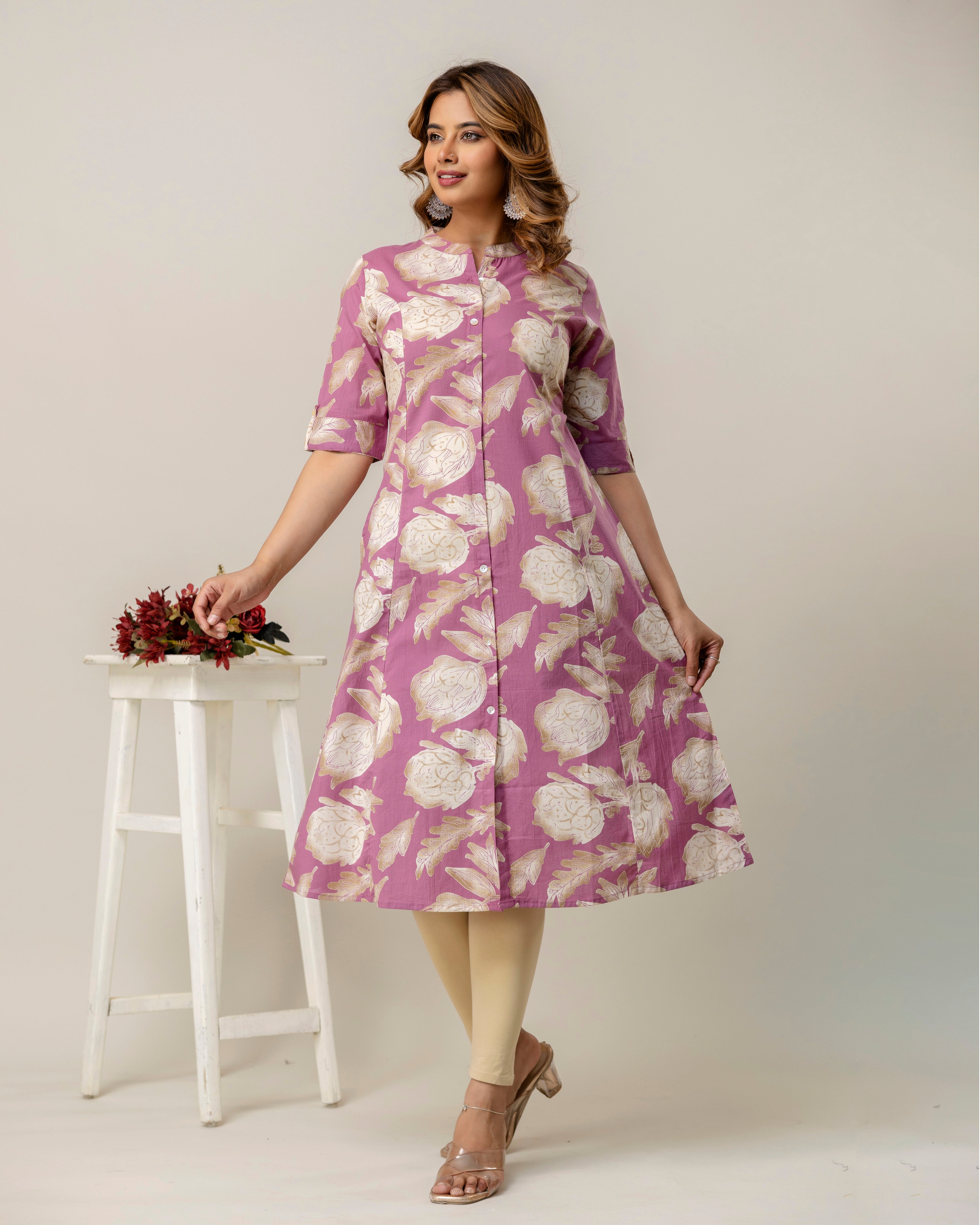 The 'Amara' Dusty Rose Floral A-Line Kurta