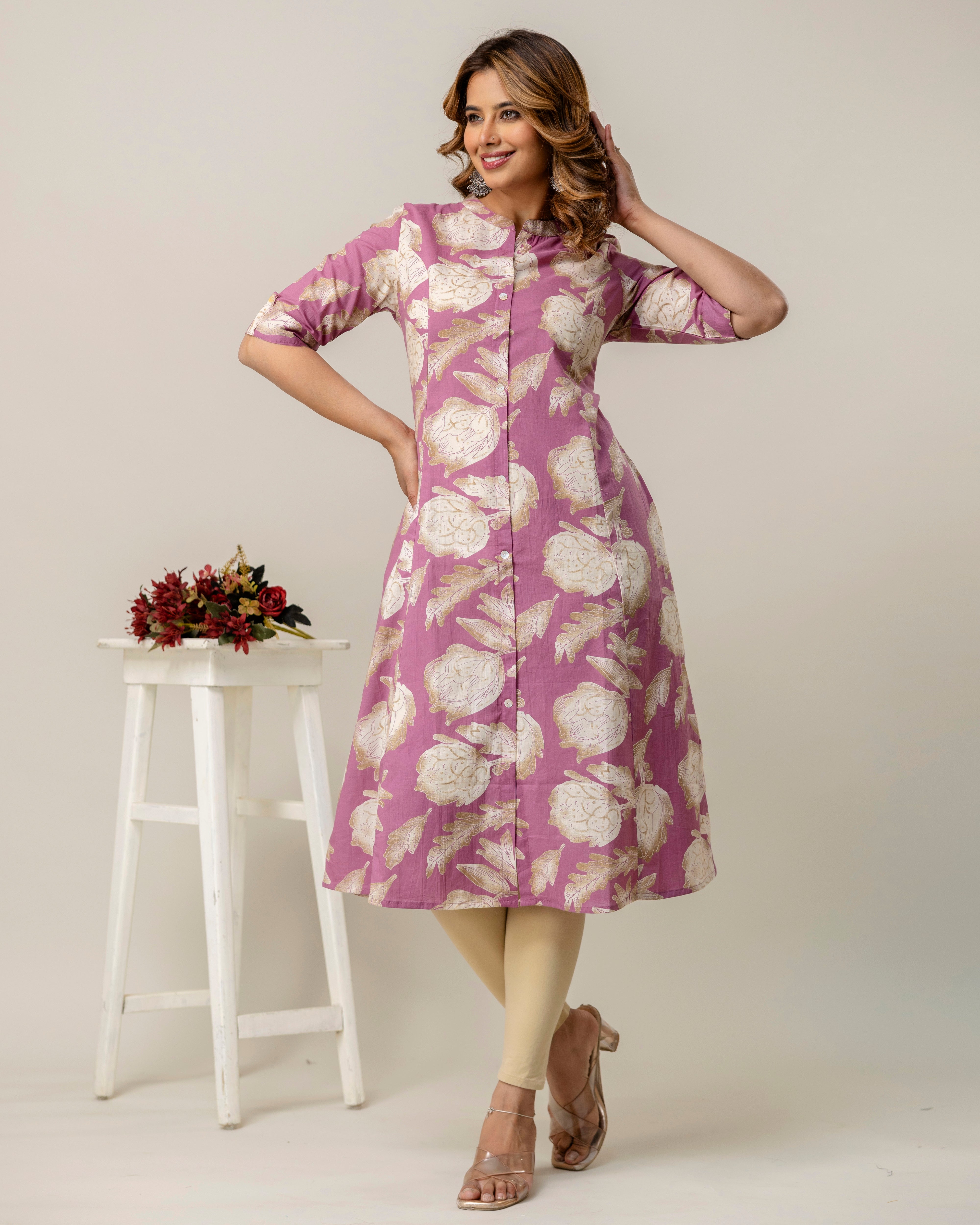 The 'Amara' Dusty Rose Floral A-Line Kurta