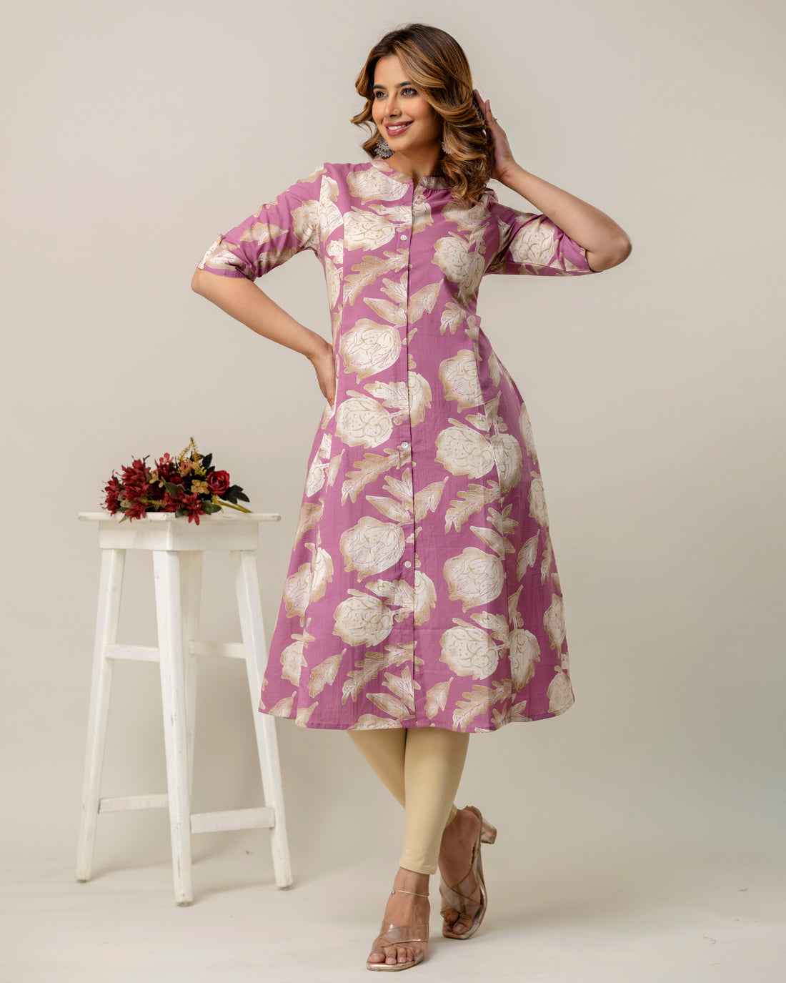 The 'Amara' Dusty Rose Floral A-Line Kurta