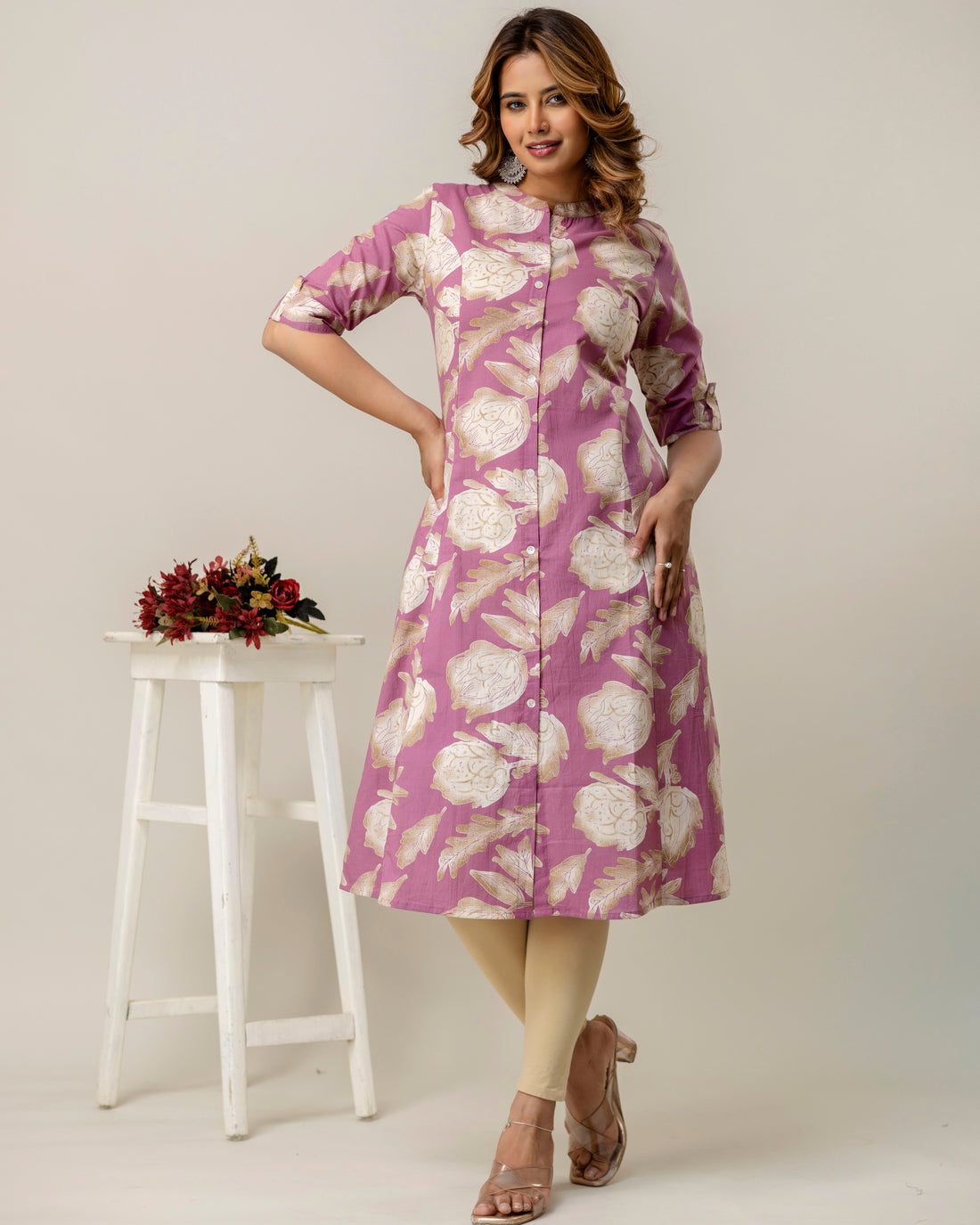 The 'Amara' Dusty Rose Floral A-Line Kurta