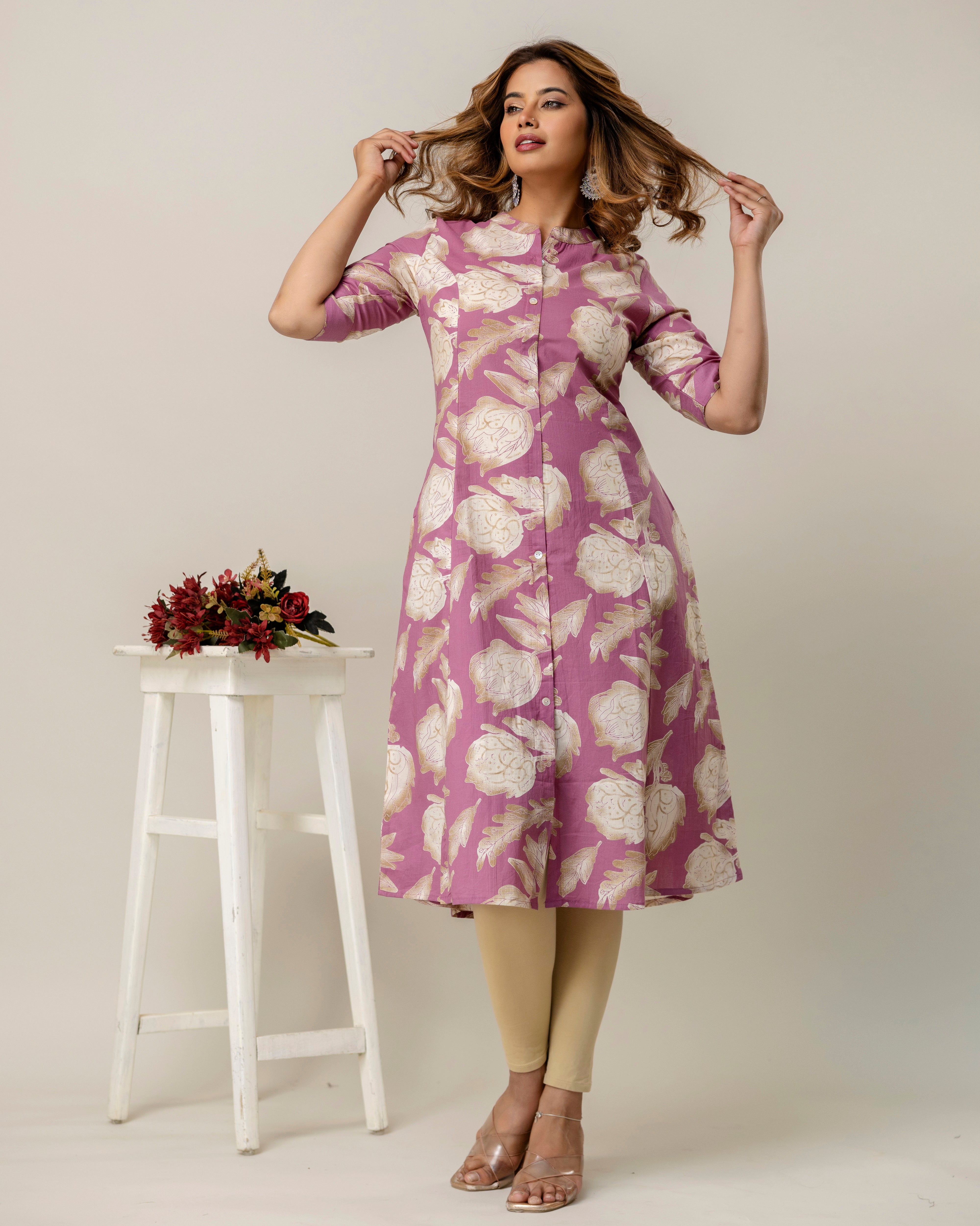 The 'Amara' Dusty Rose Floral A-Line Kurta