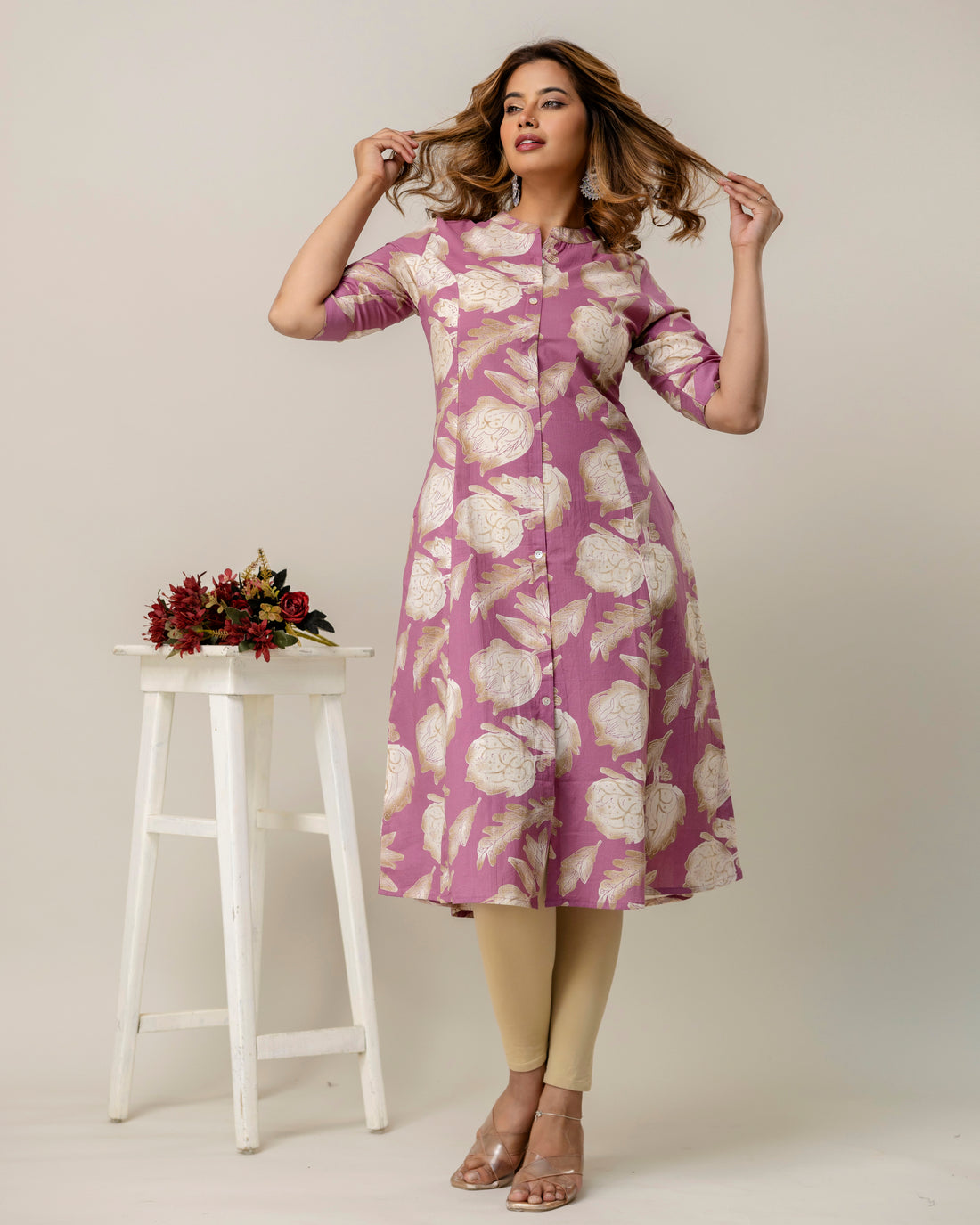 The 'Amara' Dusty Rose Floral A-Line Kurta