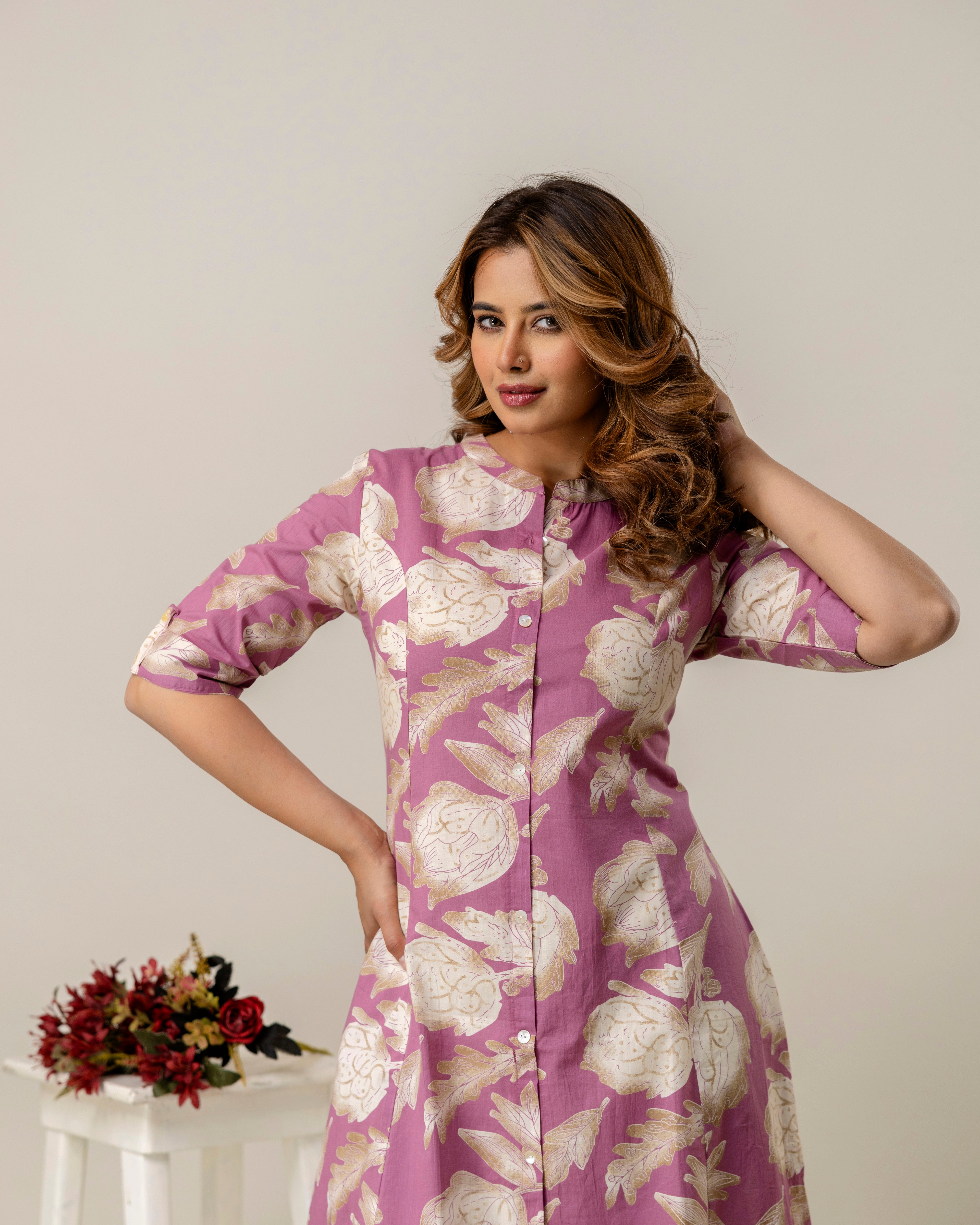 The 'Amara' Dusty Rose Floral A-Line Kurta