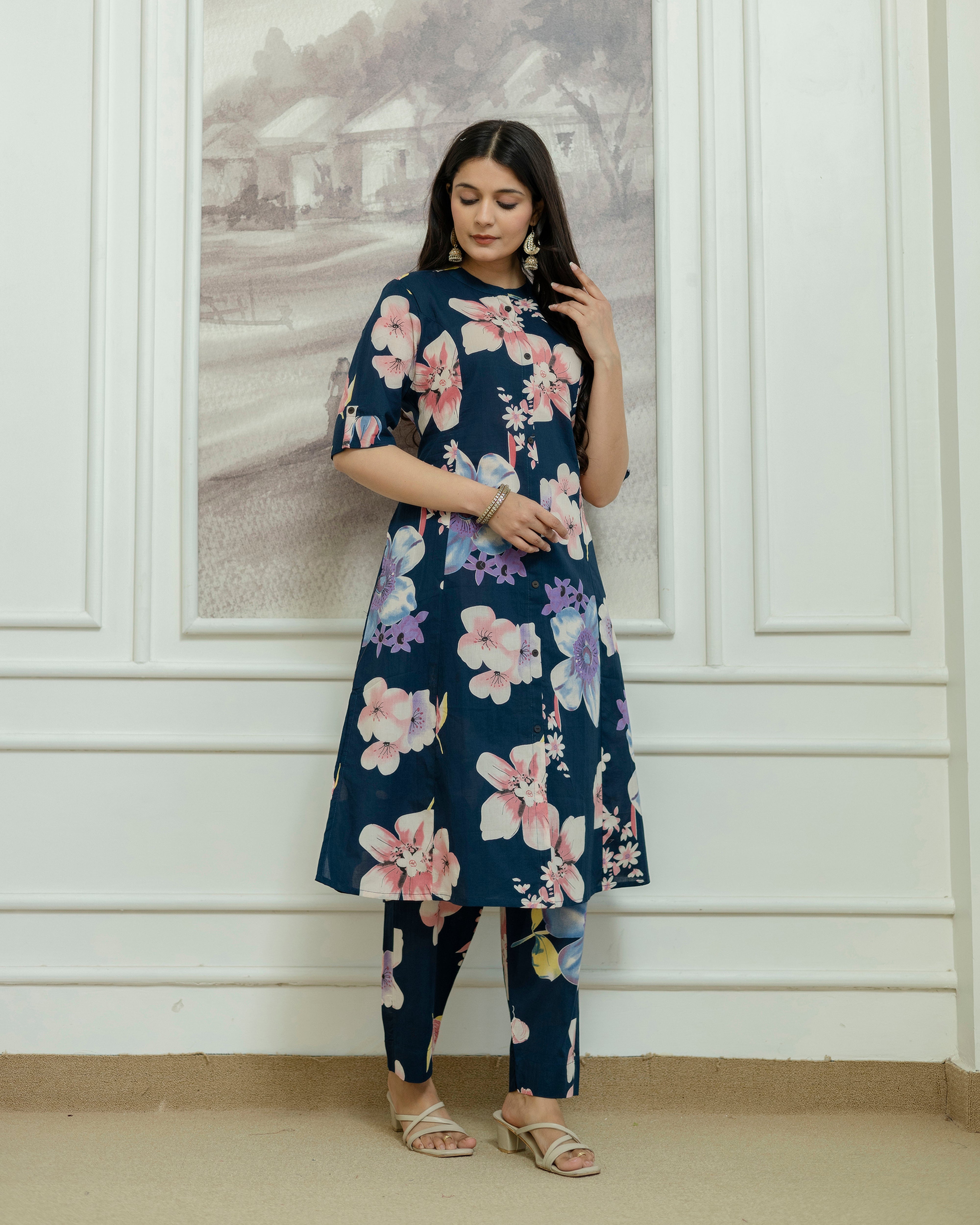 The 'Kusum' Navy Floral A-Line Co-ord Set