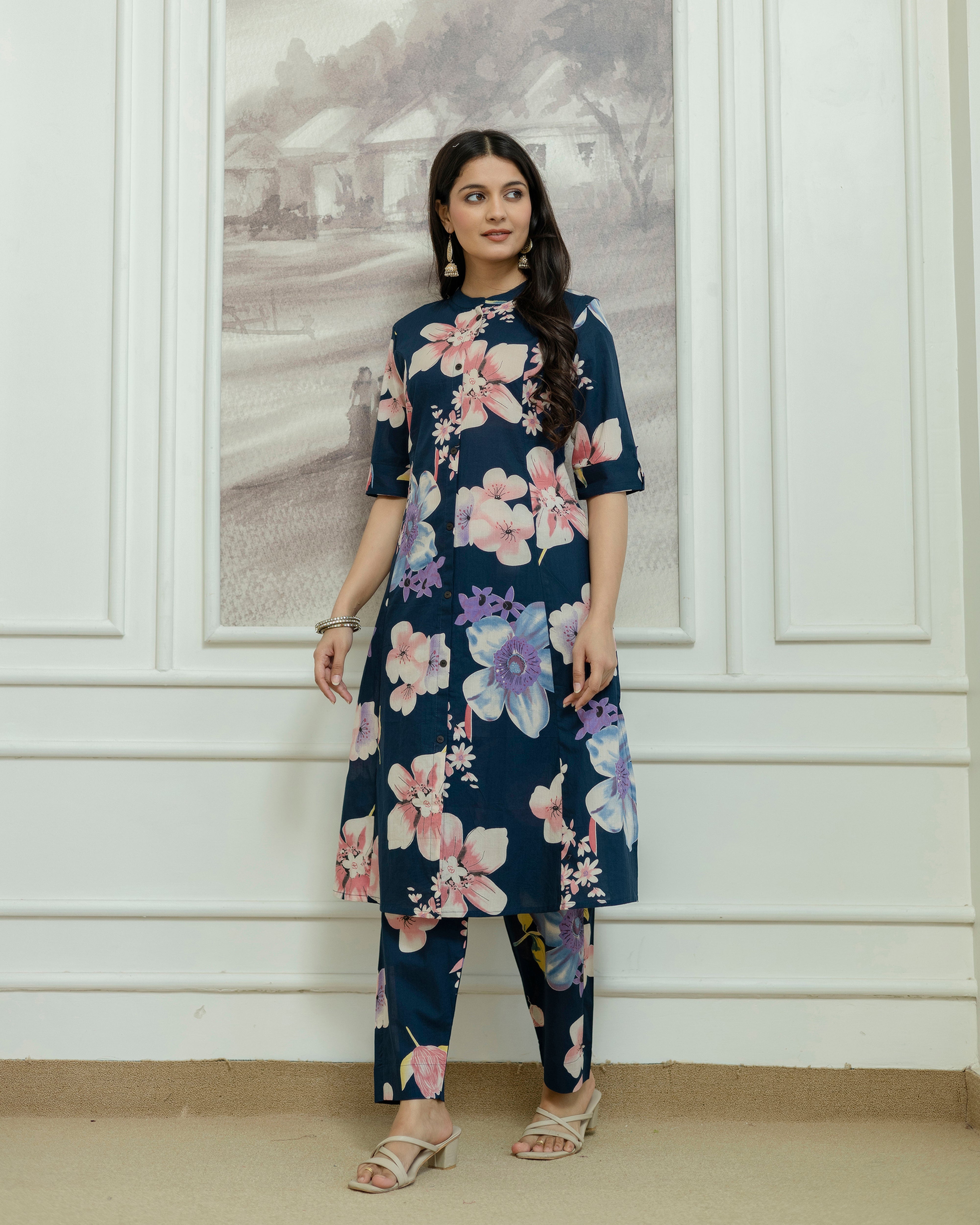 The 'Kusum' Navy Floral A-Line Co-ord Set