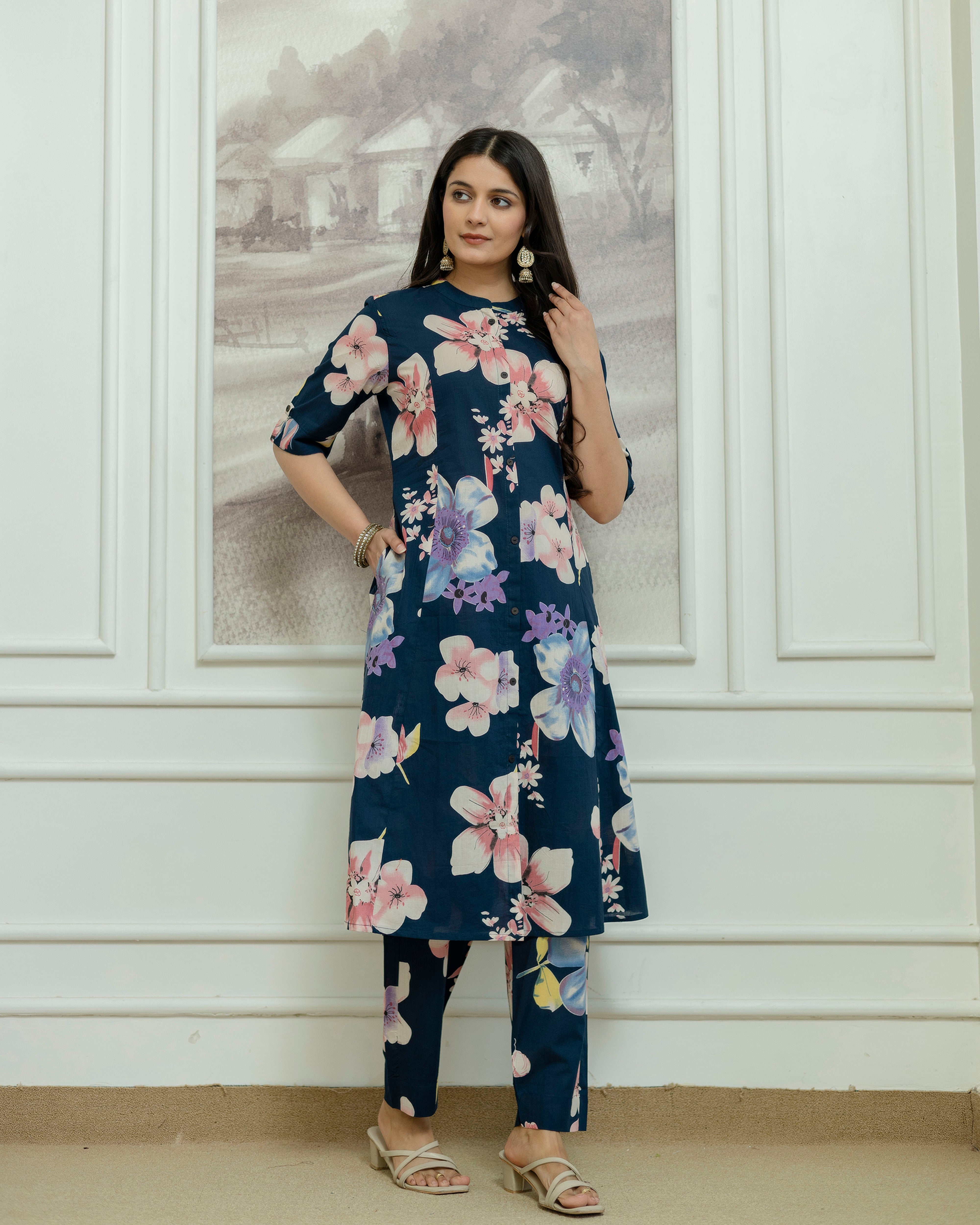 The 'Kusum' Navy Floral A-Line Co-ord Set