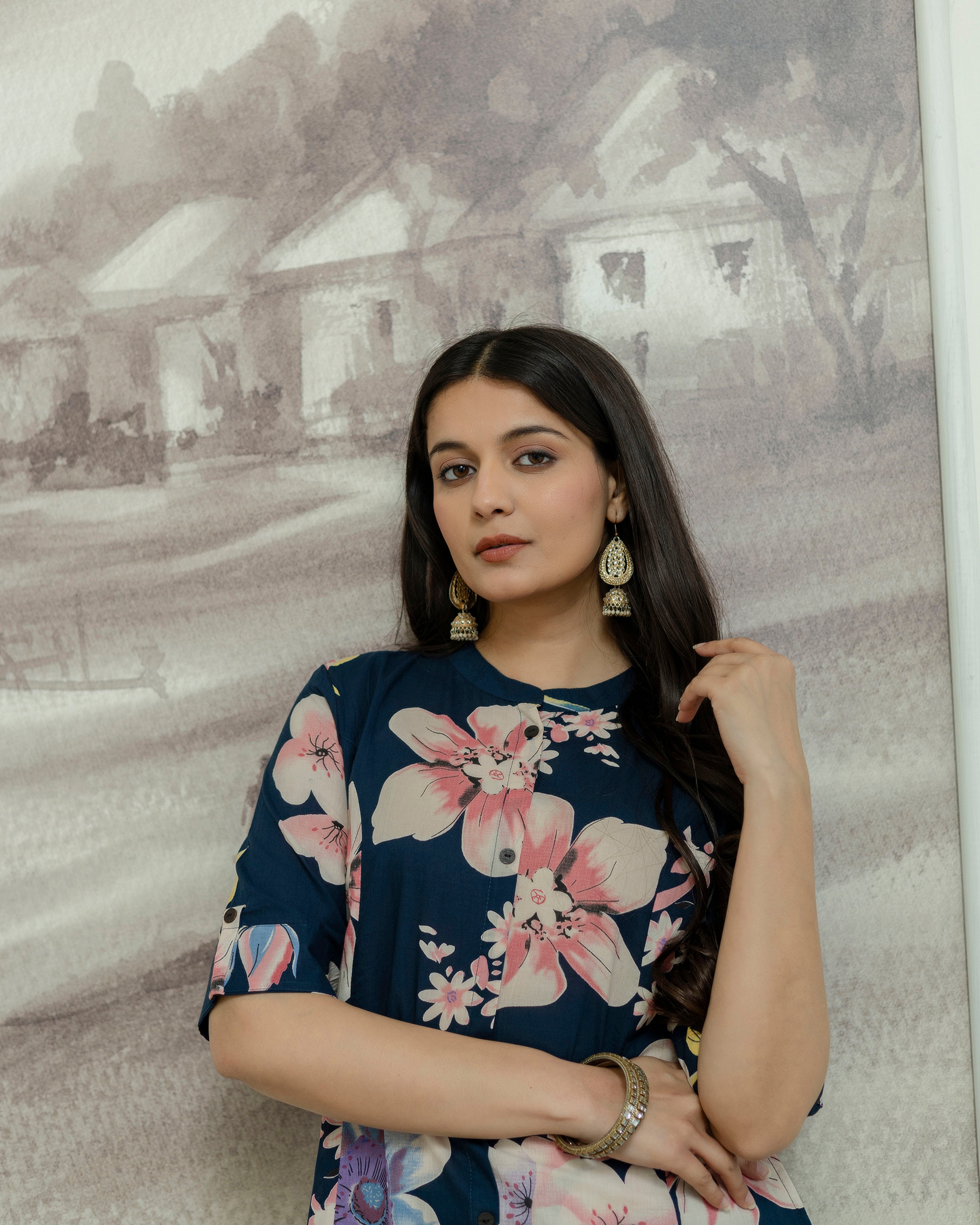 The 'Kusum' Navy Floral A-Line Co-ord Set