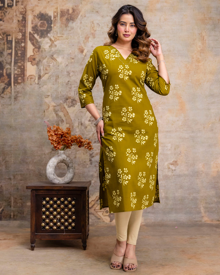 The 'Kiara' Olive Bloom Straight Kurta