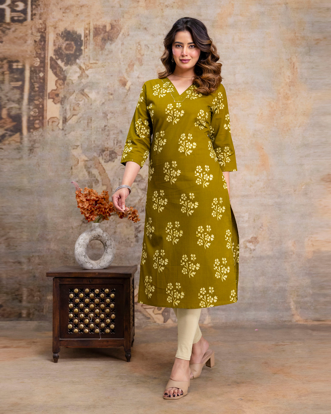 The 'Kiara' Olive Bloom Straight Kurta