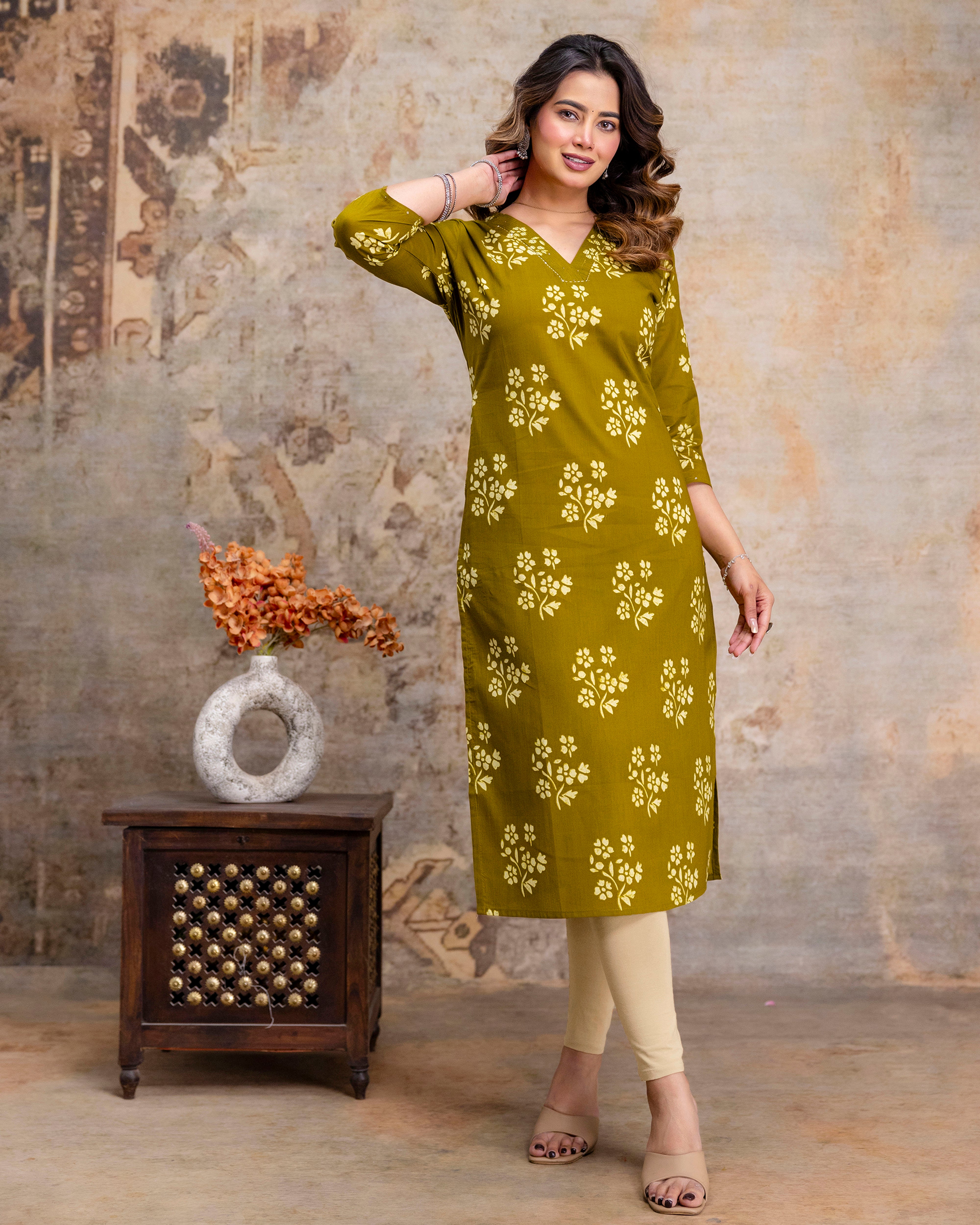 The 'Kiara' Olive Bloom Straight Kurta
