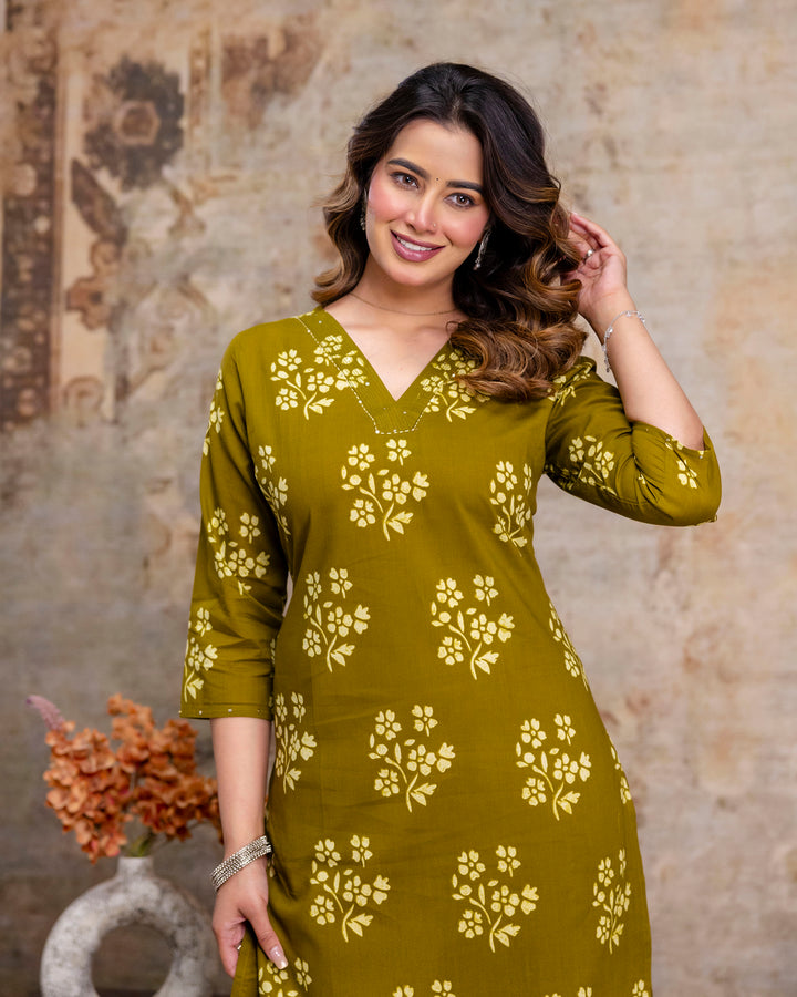 The 'Kiara' Olive Bloom Straight Kurta