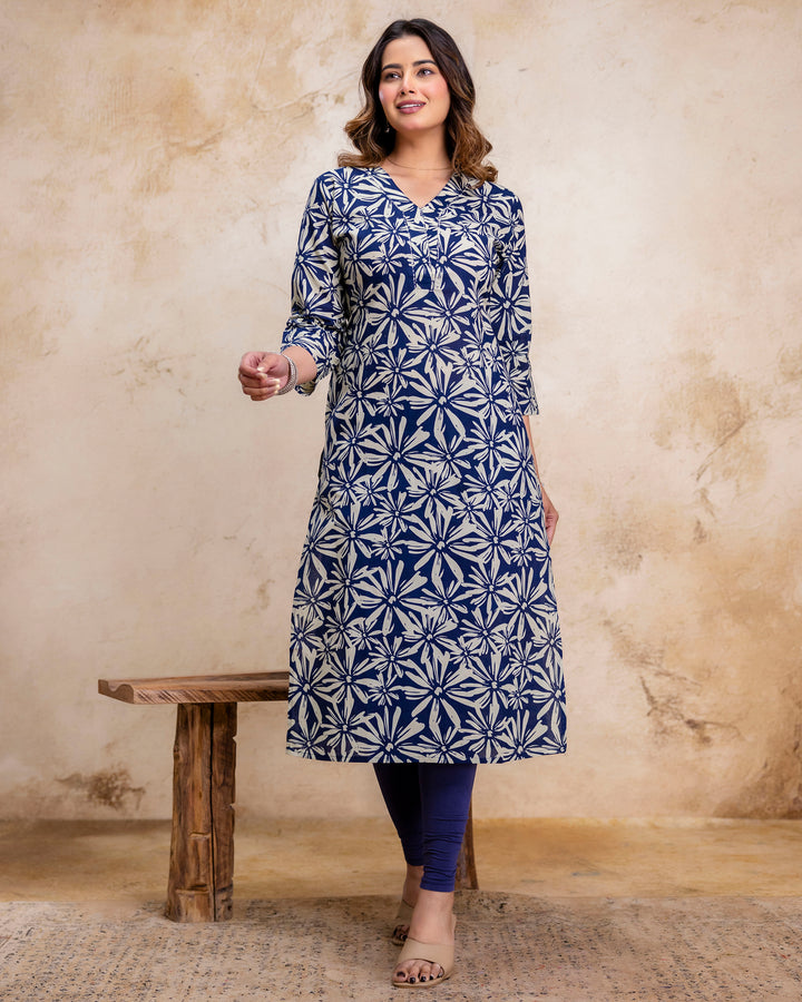 The 'Nila' Navy Bloom Straight Kurta