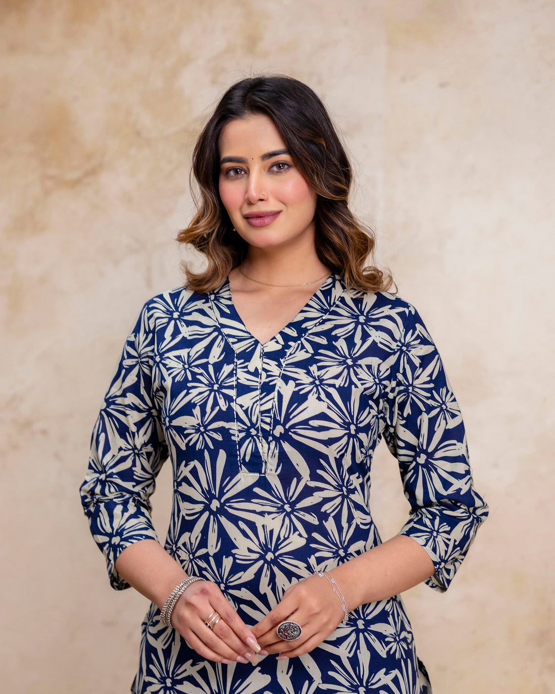 The 'Nila' Navy Bloom Straight Kurta