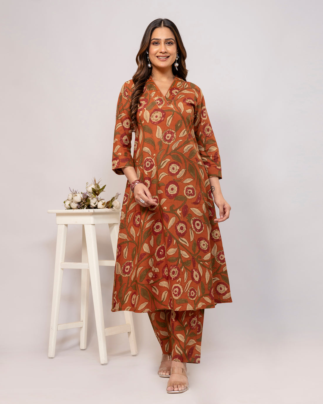 The 'Dharti' Rust Floral A-Line Co-ord Set