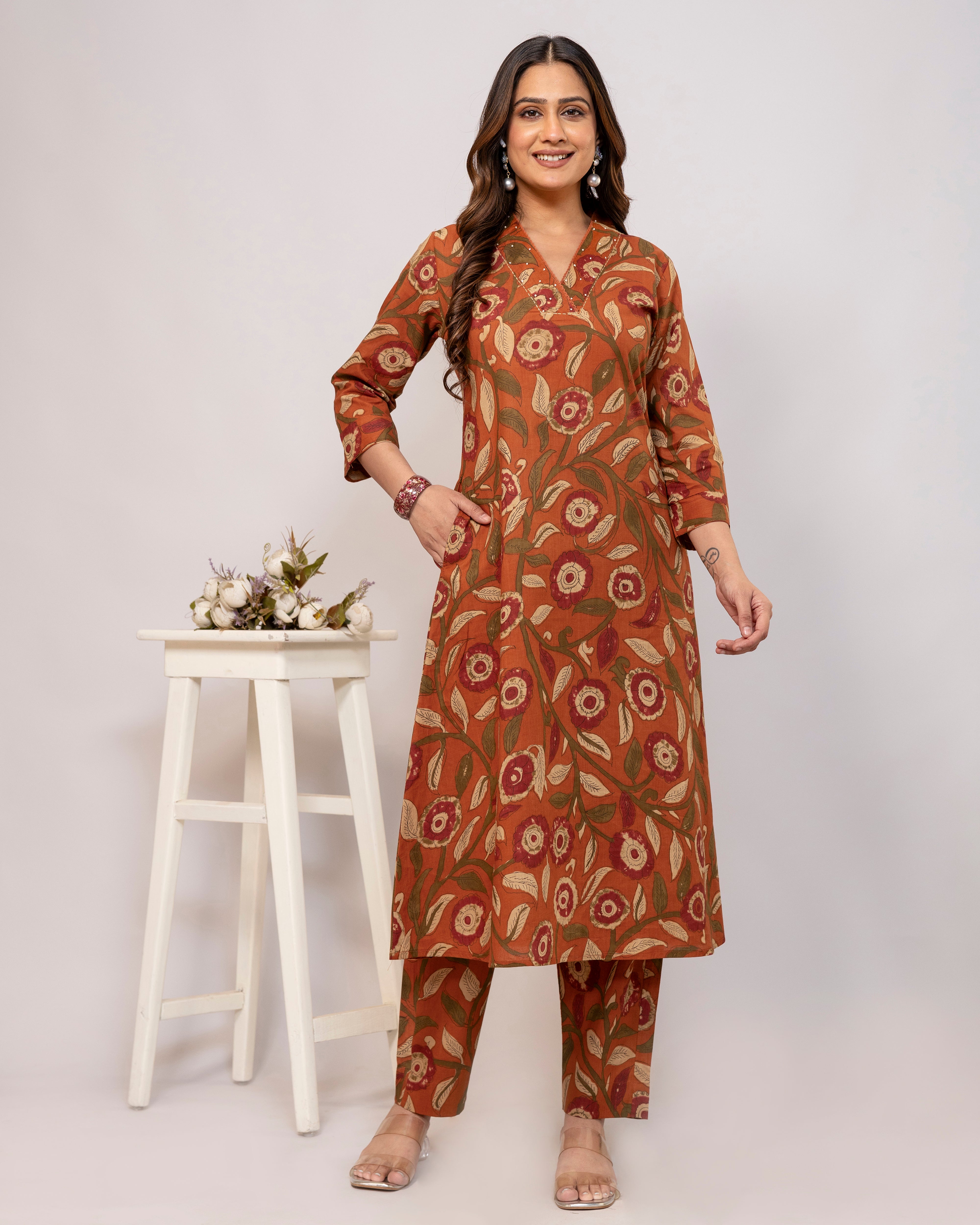 The 'Dharti' Rust Floral A-Line Co-ord Set