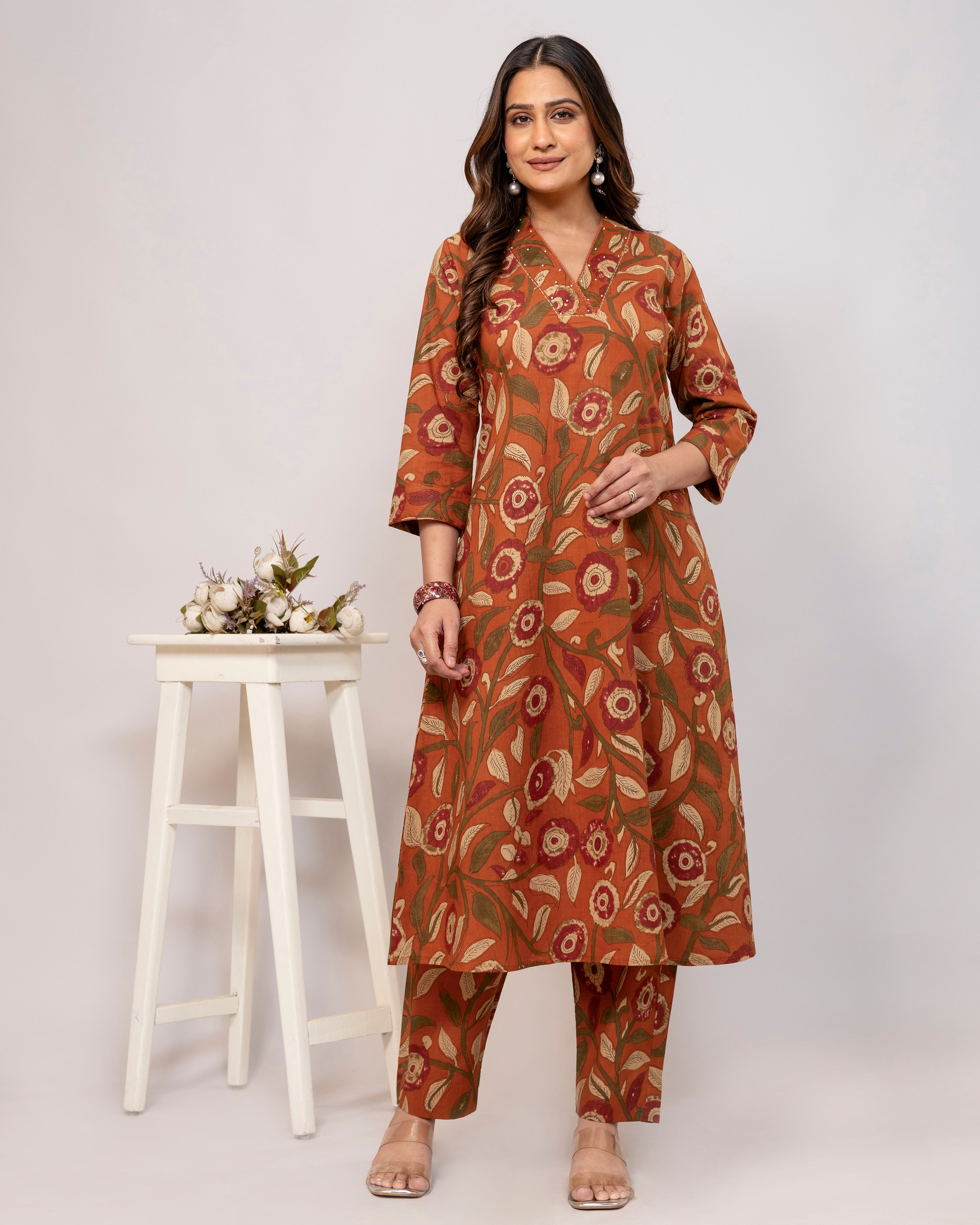 The 'Dharti' Rust Floral A-Line Co-ord Set