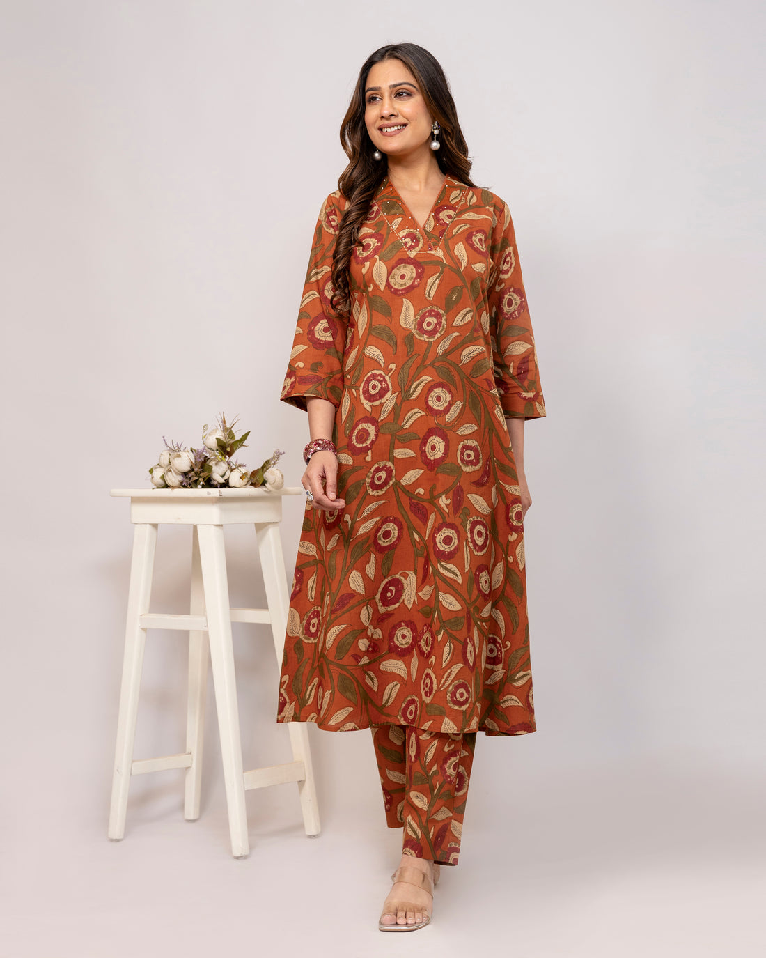 The 'Dharti' Rust Floral A-Line Co-ord Set