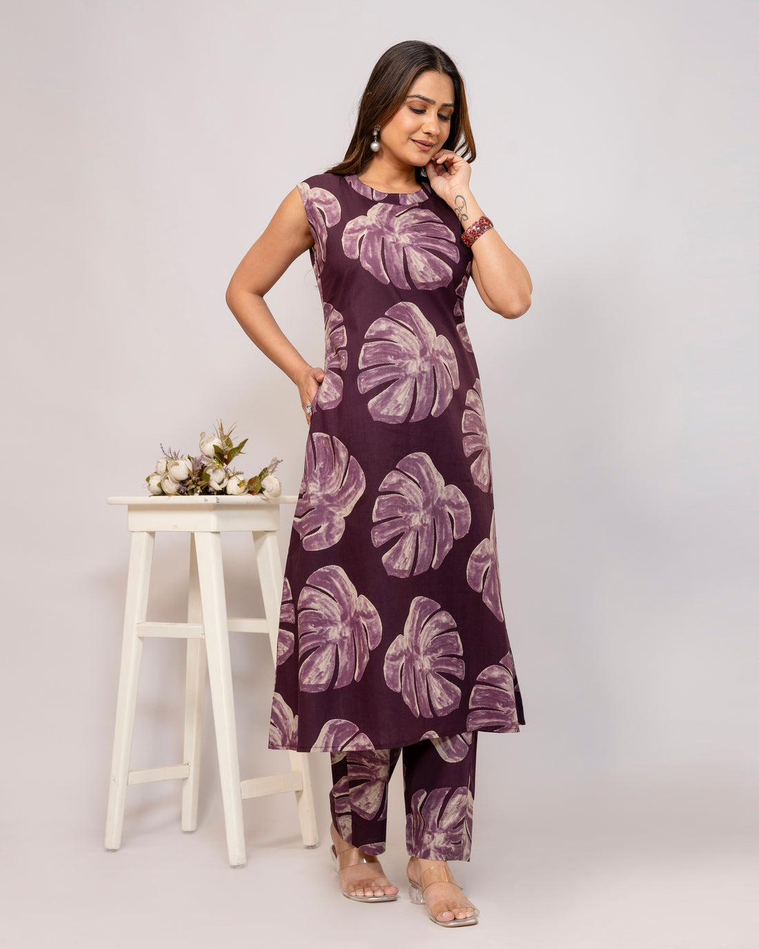 Plum Leaf Aura Sleeveless A-Line Co-ord Set