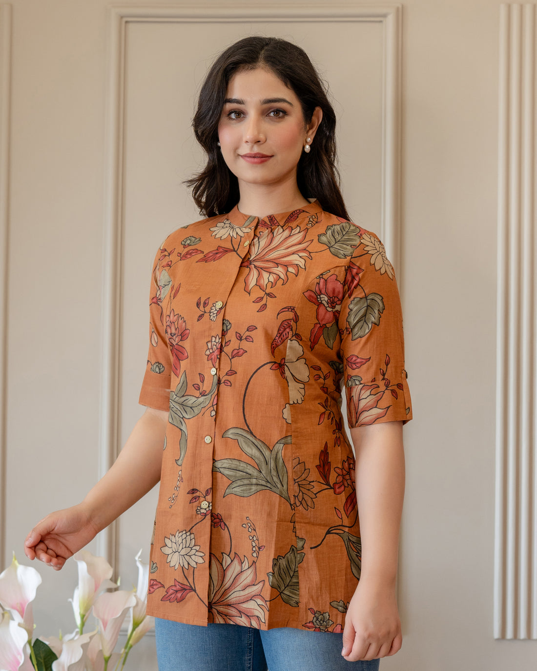 Kesariya Pure Cotton Kalamkari Short Top