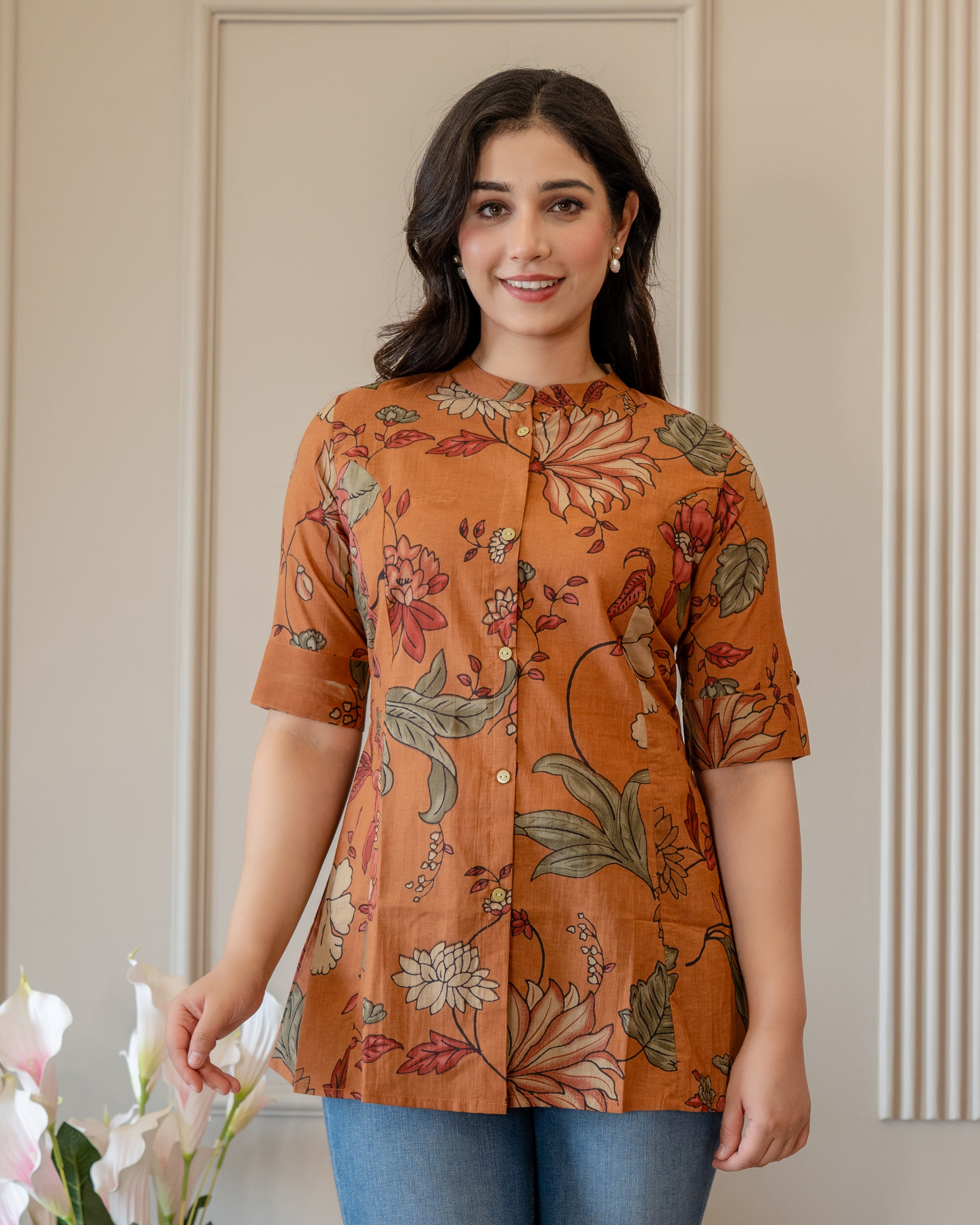 Kesariya Pure Cotton Kalamkari Short Top