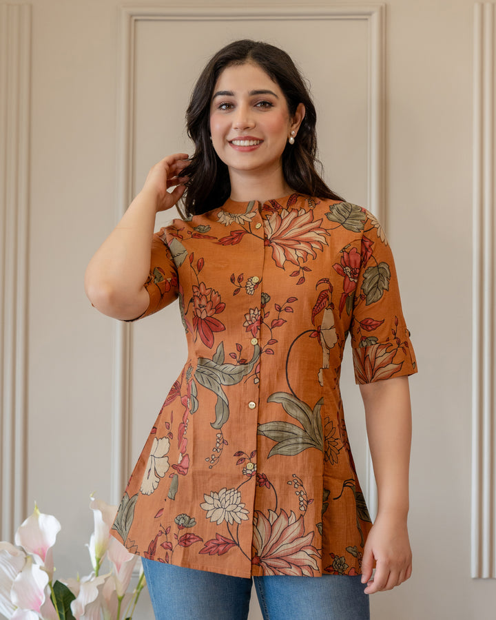 Kesariya Pure Cotton Kalamkari Short Top