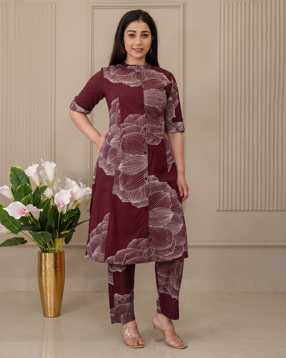 GULNAAR WINE COTTON A-LINE CO-ORD SET