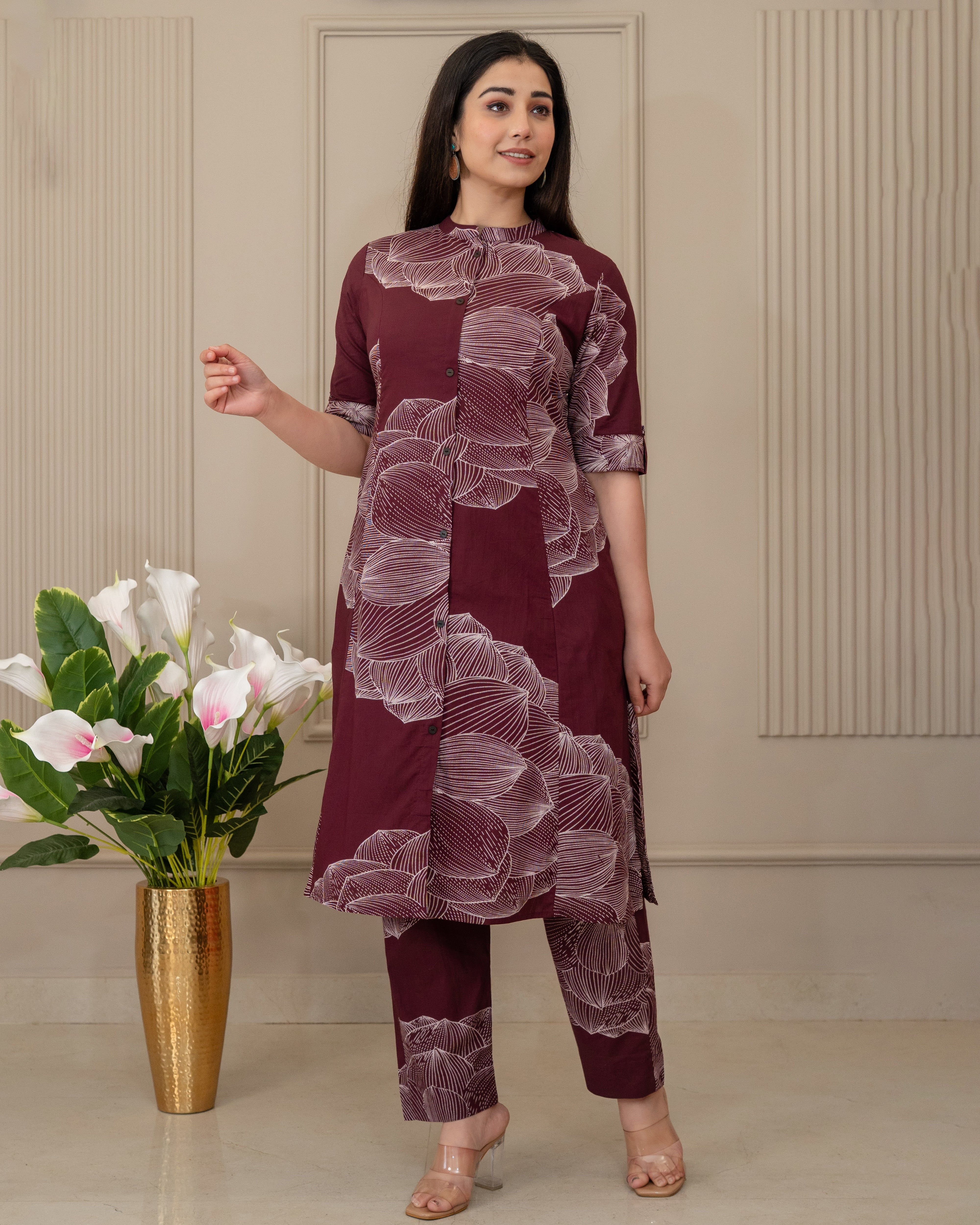 GULNAAR WINE COTTON A-LINE CO-ORD SET