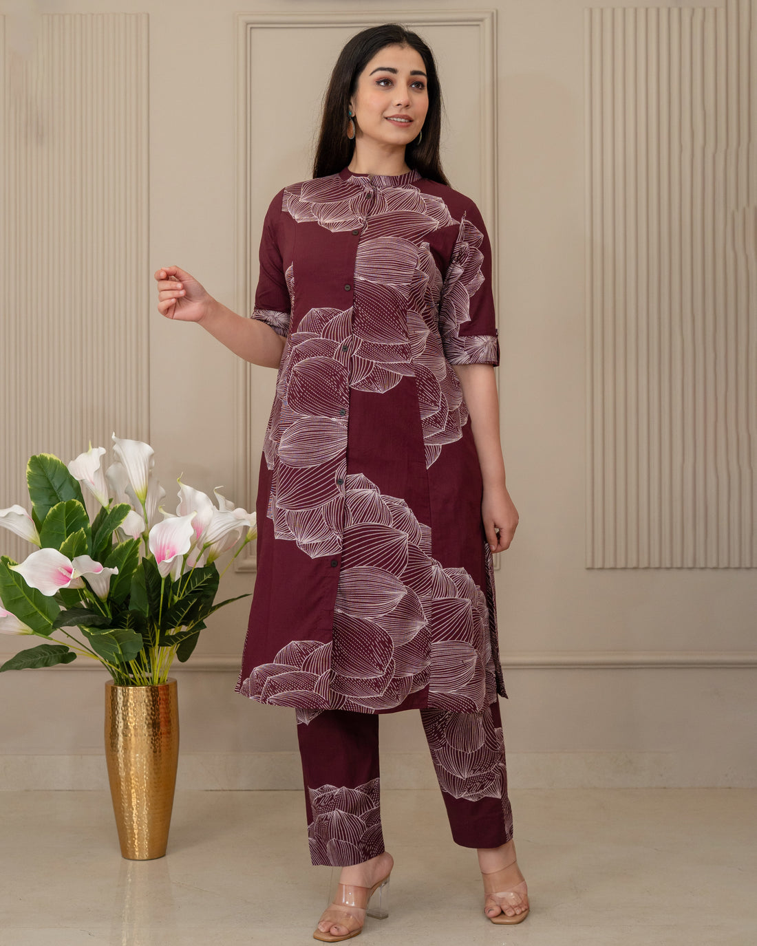 GULNAAR WINE COTTON A-LINE CO-ORD SET