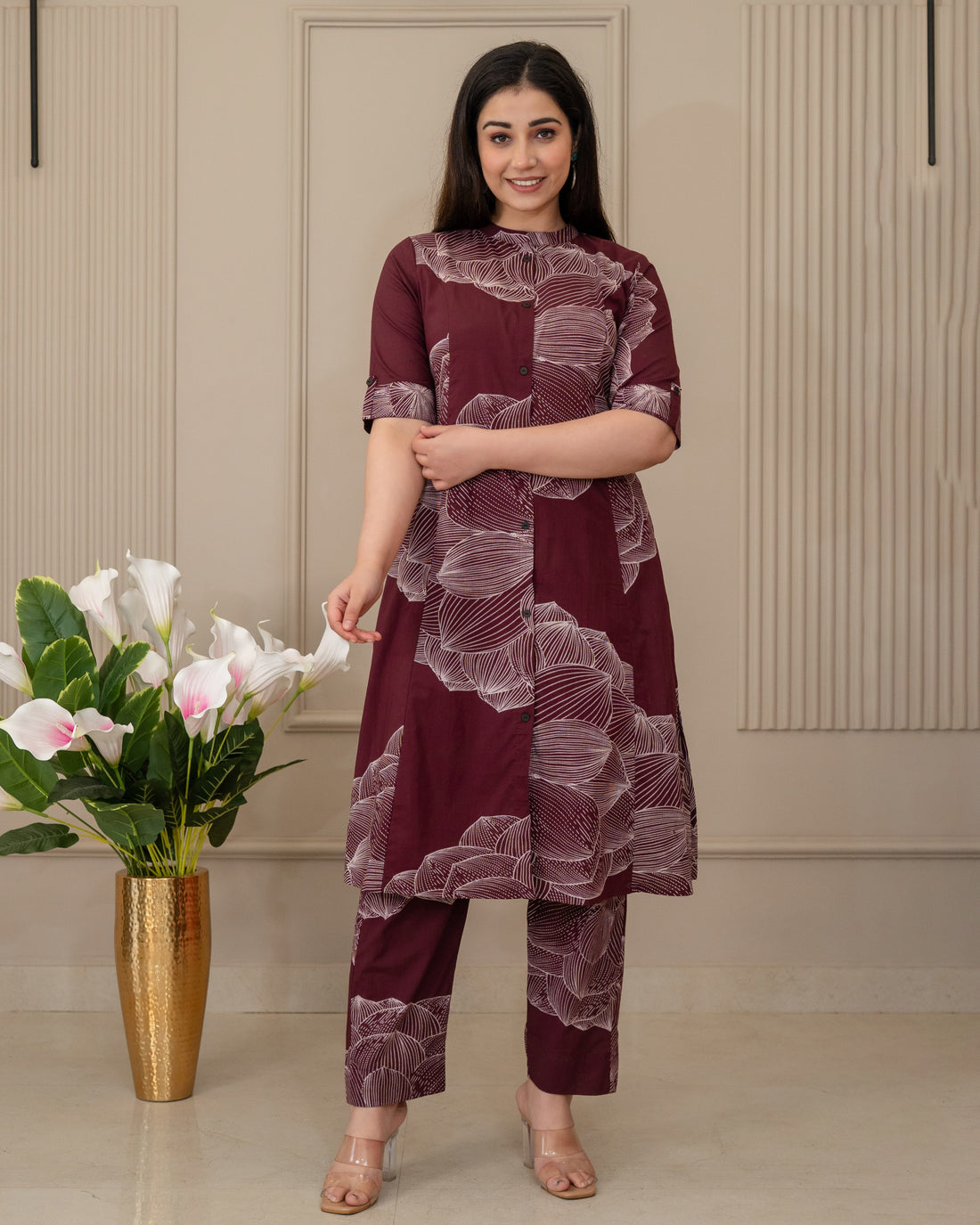 GULNAAR WINE COTTON A-LINE CO-ORD SET