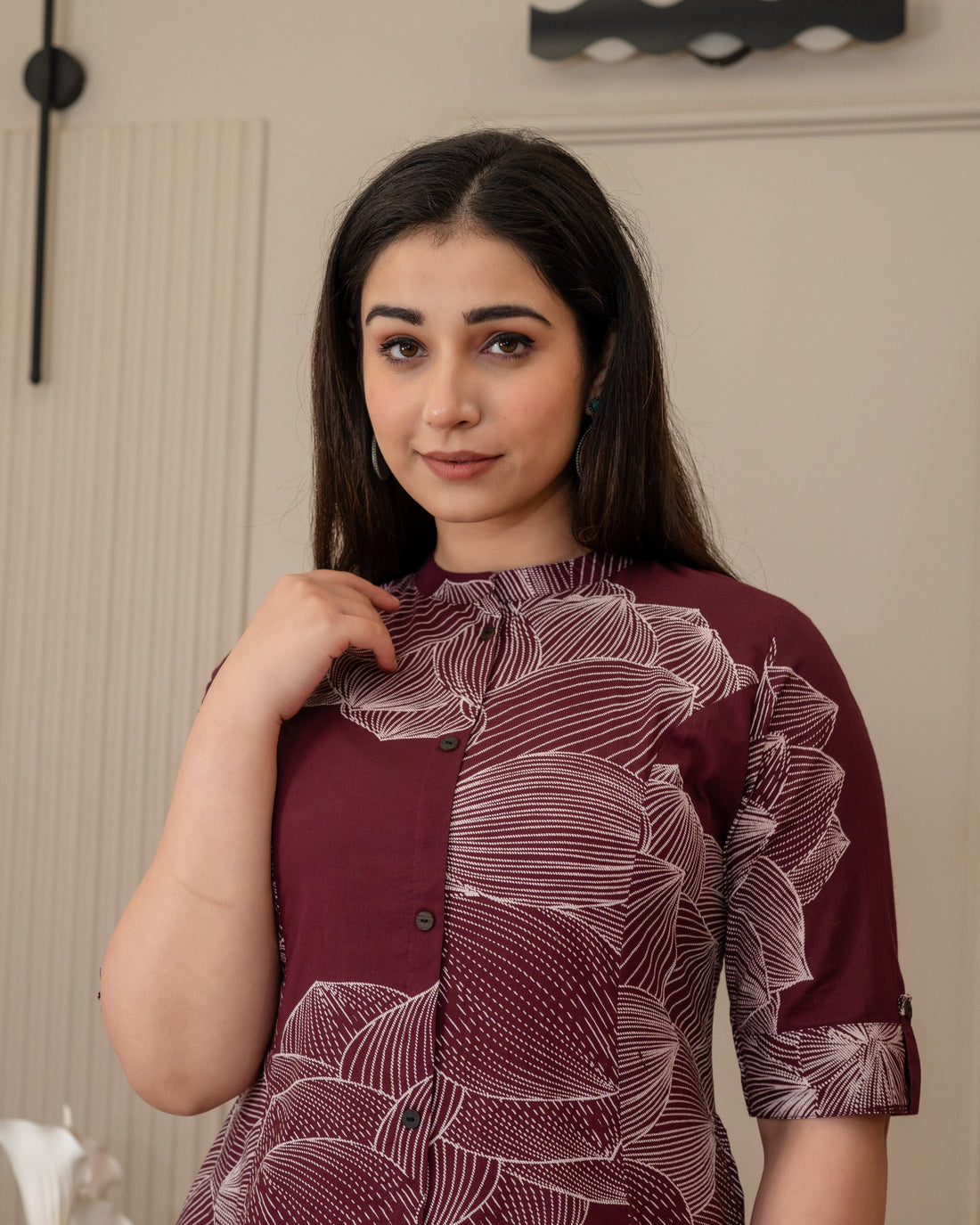 GULNAAR WINE COTTON A-LINE CO-ORD SET