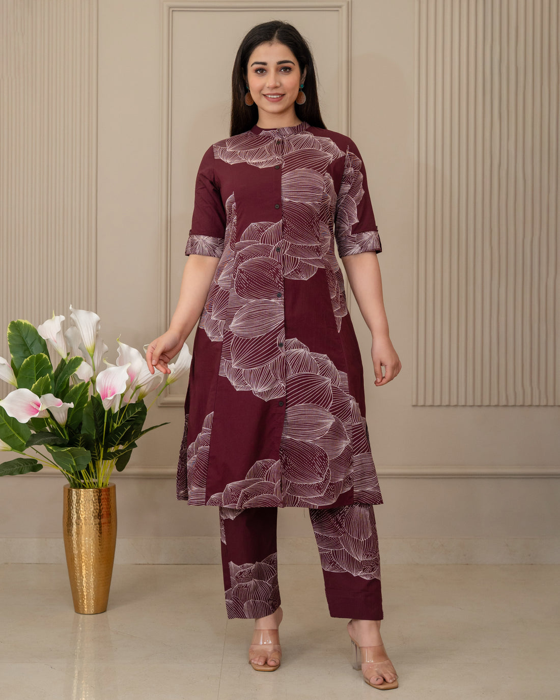 GULNAAR WINE COTTON A-LINE CO-ORD SET