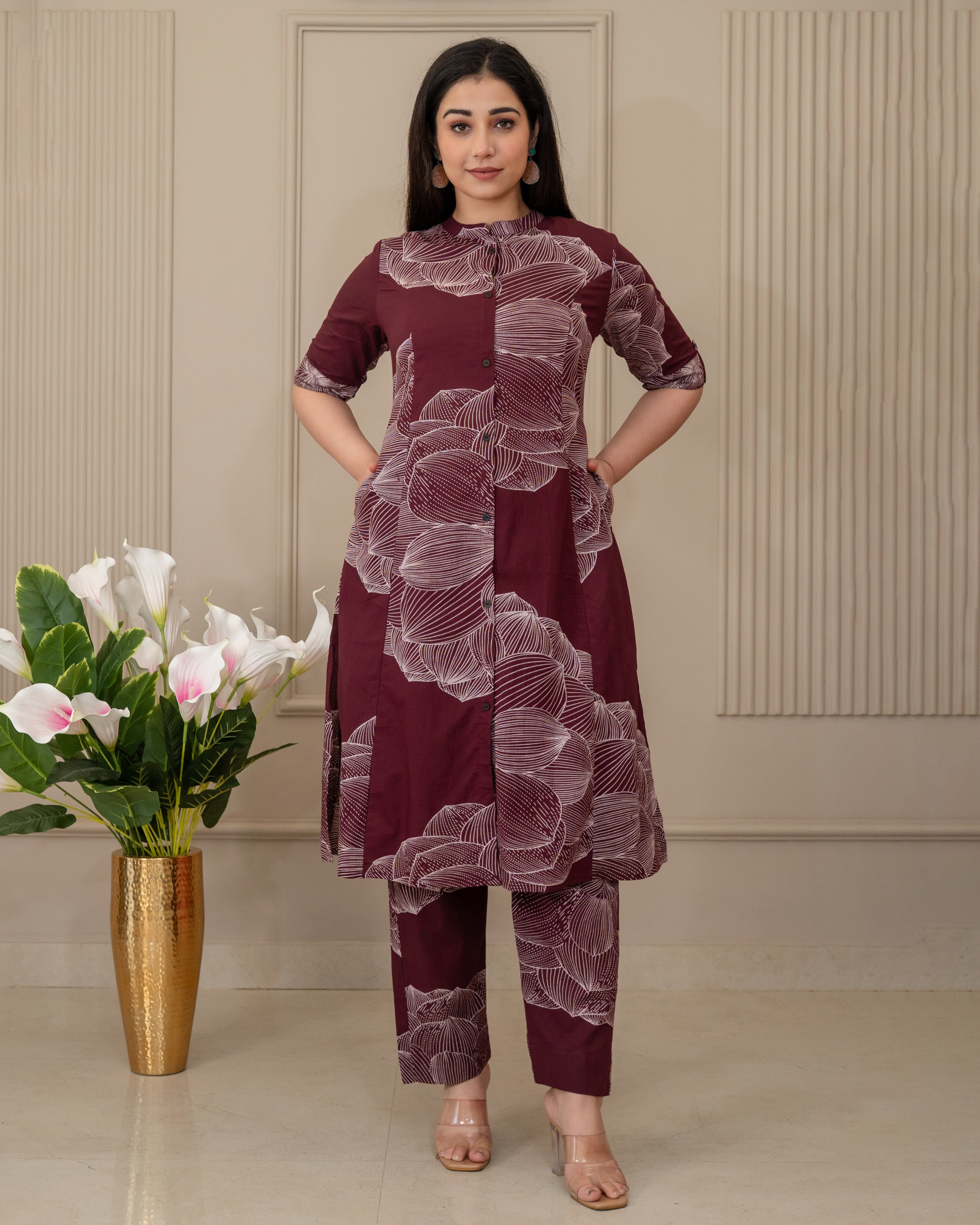 GULNAAR WINE COTTON A-LINE CO-ORD SET
