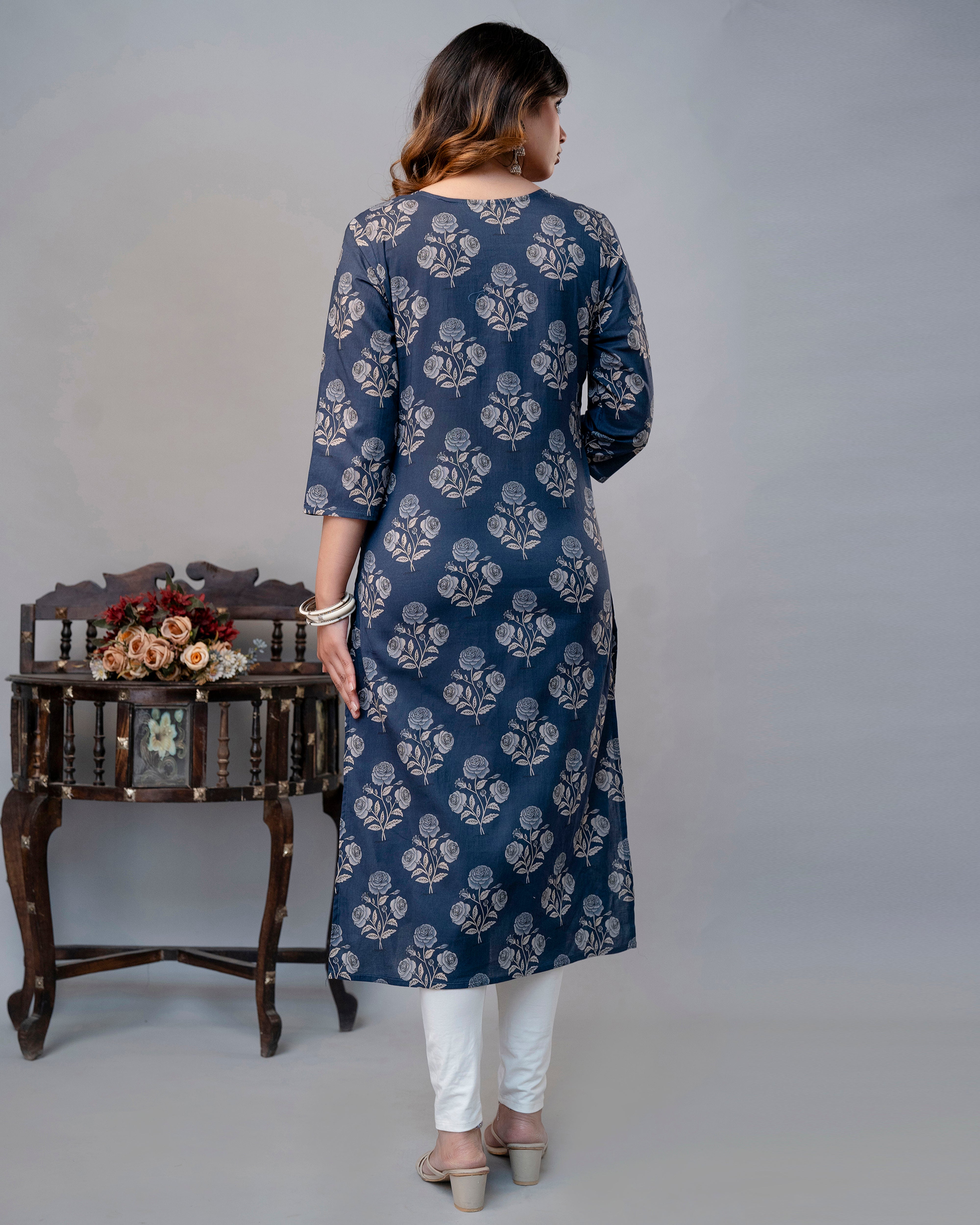 The Dusty Blue Rose Straight Kurta