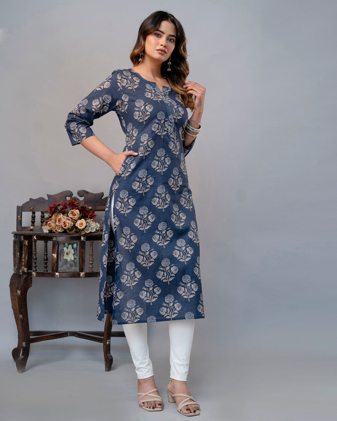 The Dusty Blue Rose Straight Kurta